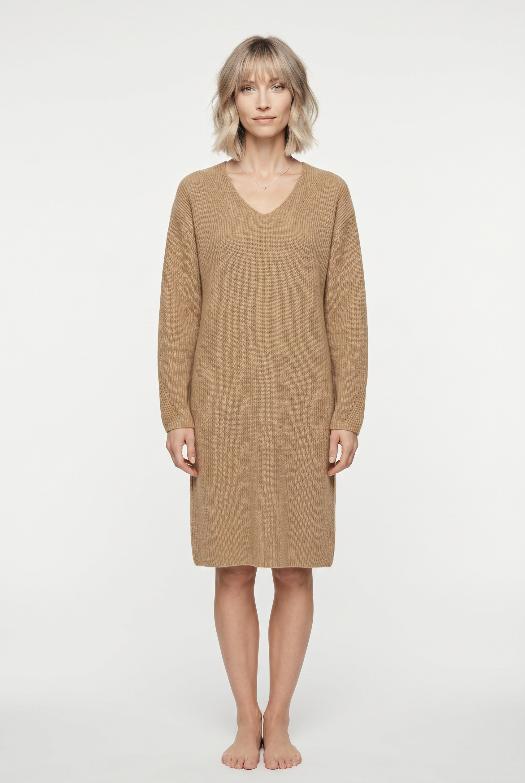 BOSS ORANGE Strickkleid »Fusil Premium Damenmode« mit V-Ausschnitt & Ajourdetails