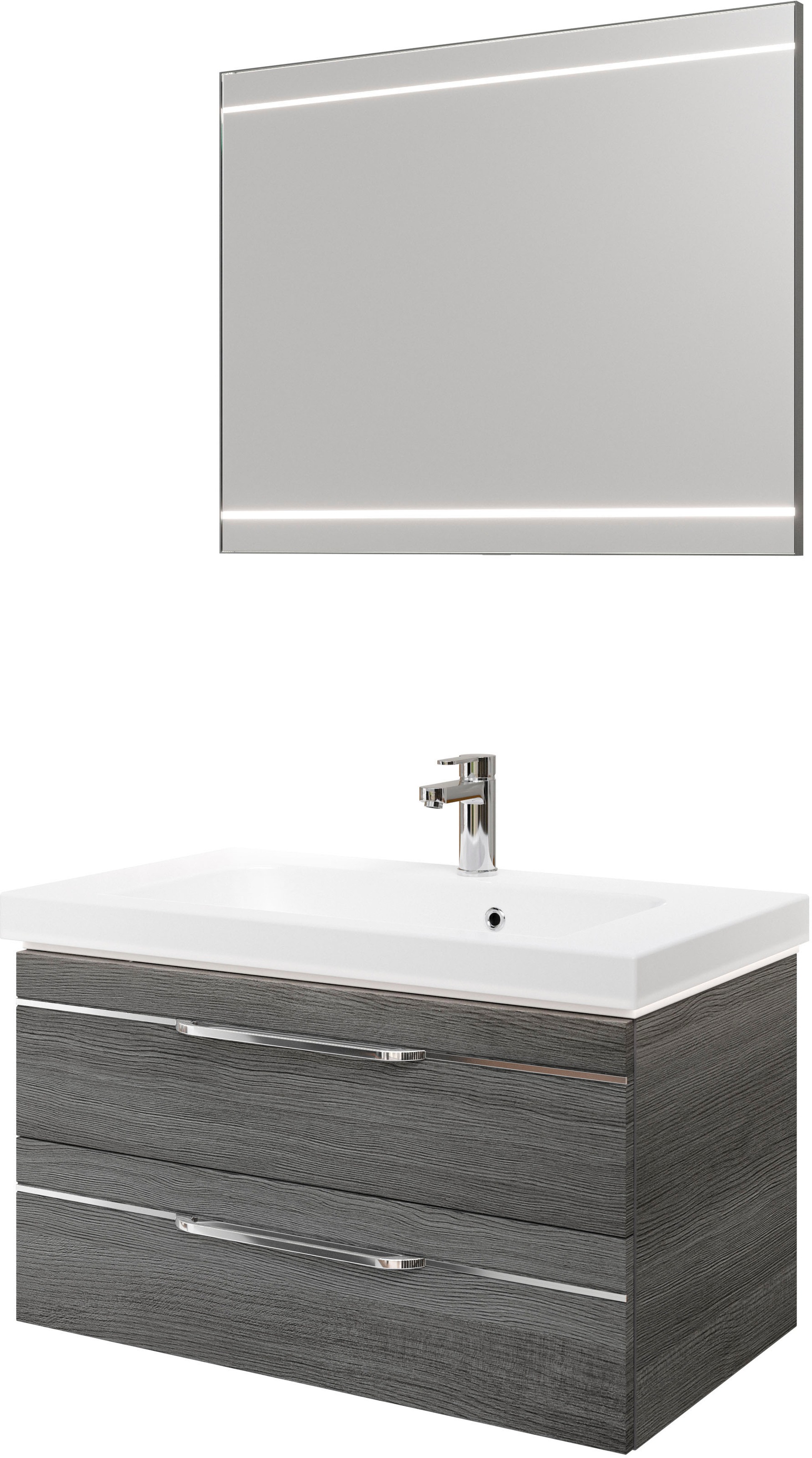 Saphir Badmöbel-Set »Balto 2-teilig Mineralmarmor-Waschtisch mit LED-Spiegel, Waschplatz«, (2 St.), 92 cm breit, mit 2 Schubladen, Badschrank inkl. Schubladendämpfer