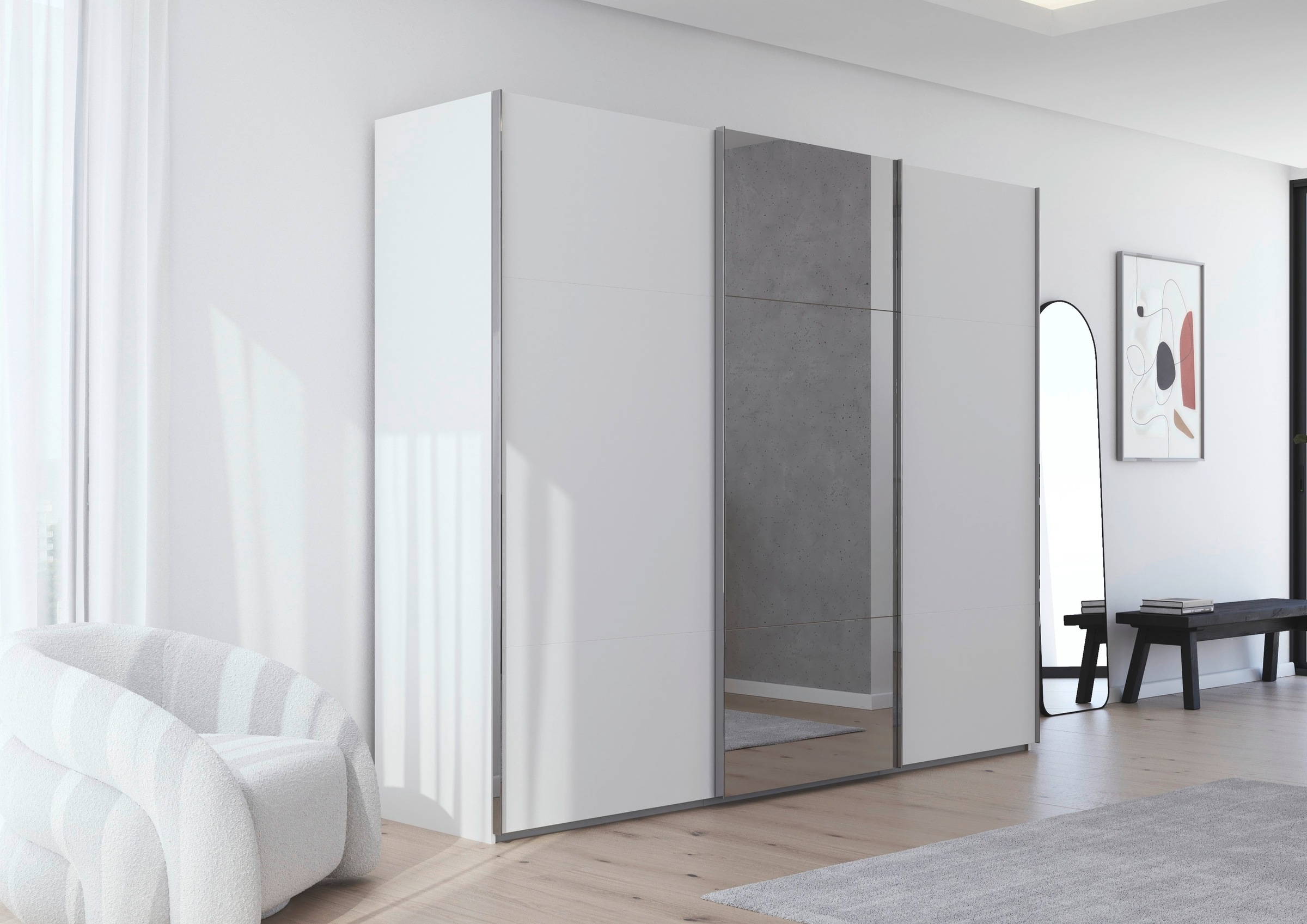 rauch Schwebetürenschrank »Kleiderschrank Schrank Garderobe Schlafzimmerschrank CONTIDO«, (in 3 verschiedenen Ausstattungen BASIC/CLASSIC/PREMIUM), aus hochwertigem Material in 6 Breiten 2 Griff-Farben MADE IN GERMANY