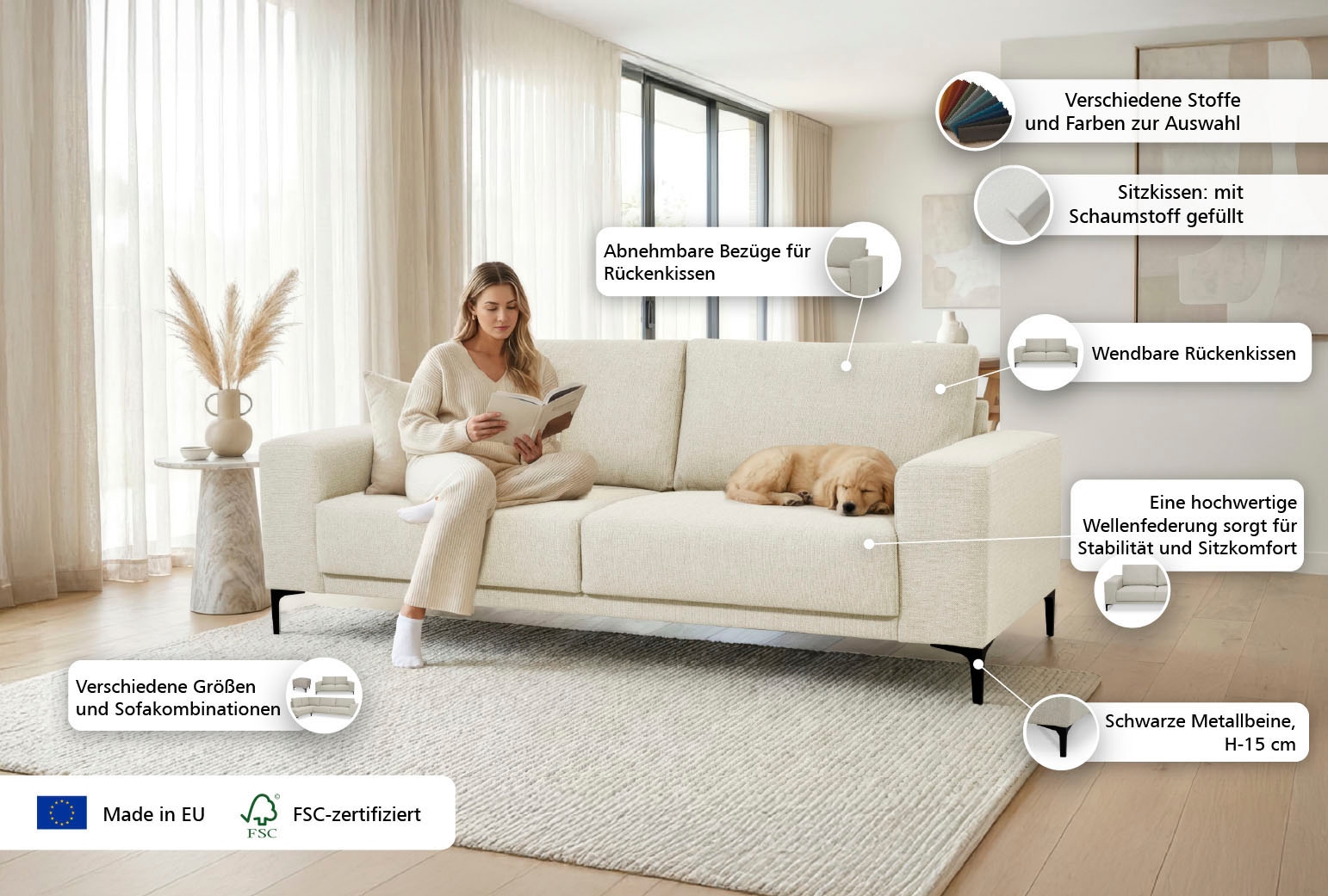 OTTO home 3-Sitzer »Xander« Breite 224 cm, Soft-Touch Chenille, schwarze Metallfüße