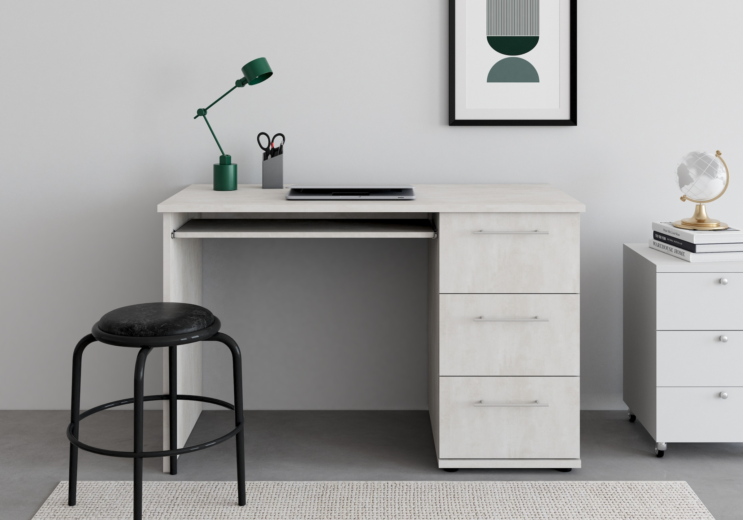 Schreibtisch, B:115cm H:73cm T:56cm, blau, VOGL MÖBELFABRIK, Büro, Tische, "Tobi, wahlweise mit 3 Schubkästen oder 1 Schubkasten/1 Tür", optional mit