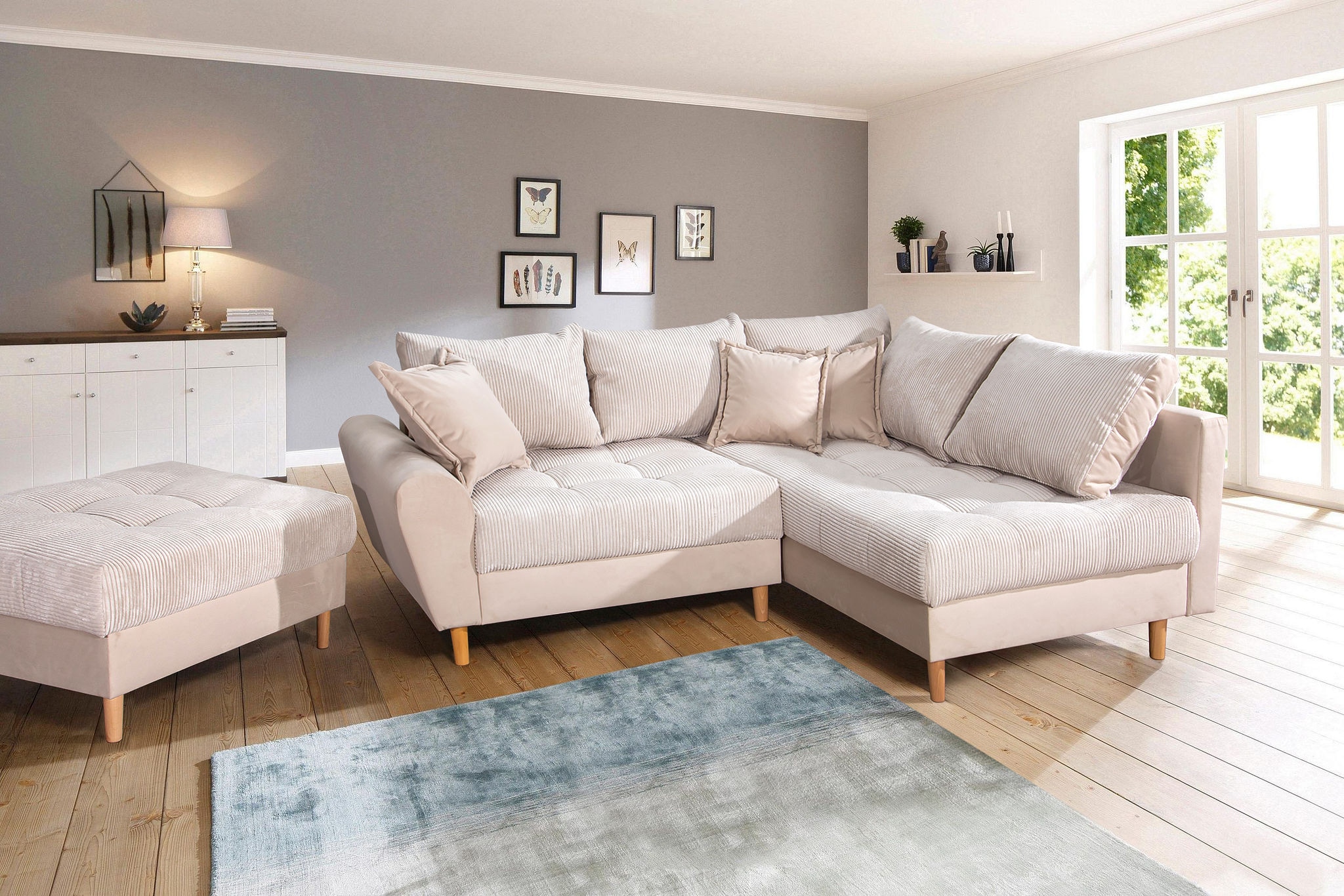 Home affaire Ecksofa "Rice L-Form, B: 223 cm - OTTO. Verlässliche Qualität." Set: Sofa & Hocker, 3 Zierkissen, Federkern