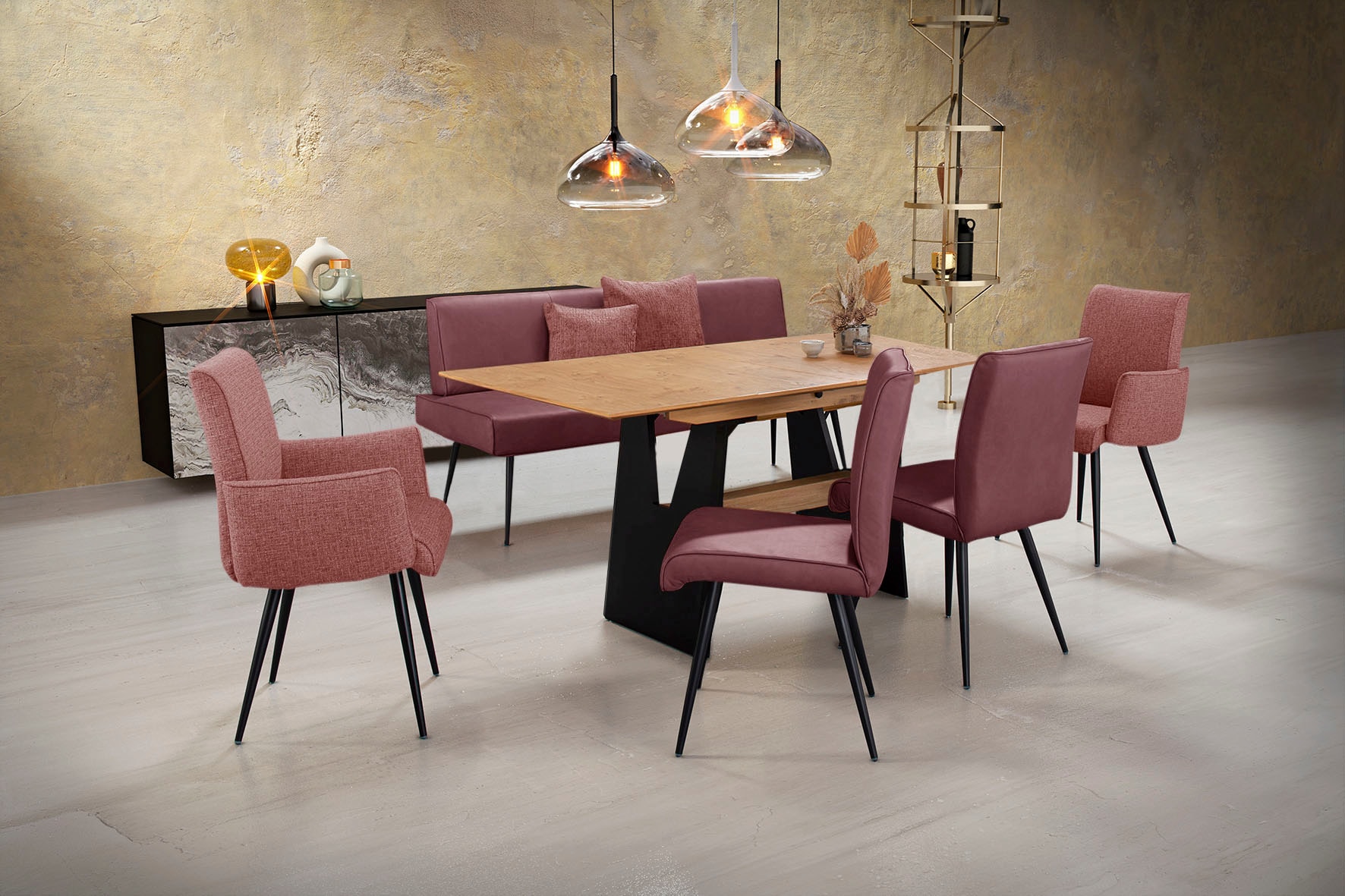 Essgruppe, rot, K+W KOMFORT & WOHNEN, Sitzmöbel-Sets, "Giacomo I", 2 Stühle und Bank, 2 Armlehnenstühle Stoff 775, Tisch 160 oder 180 cm