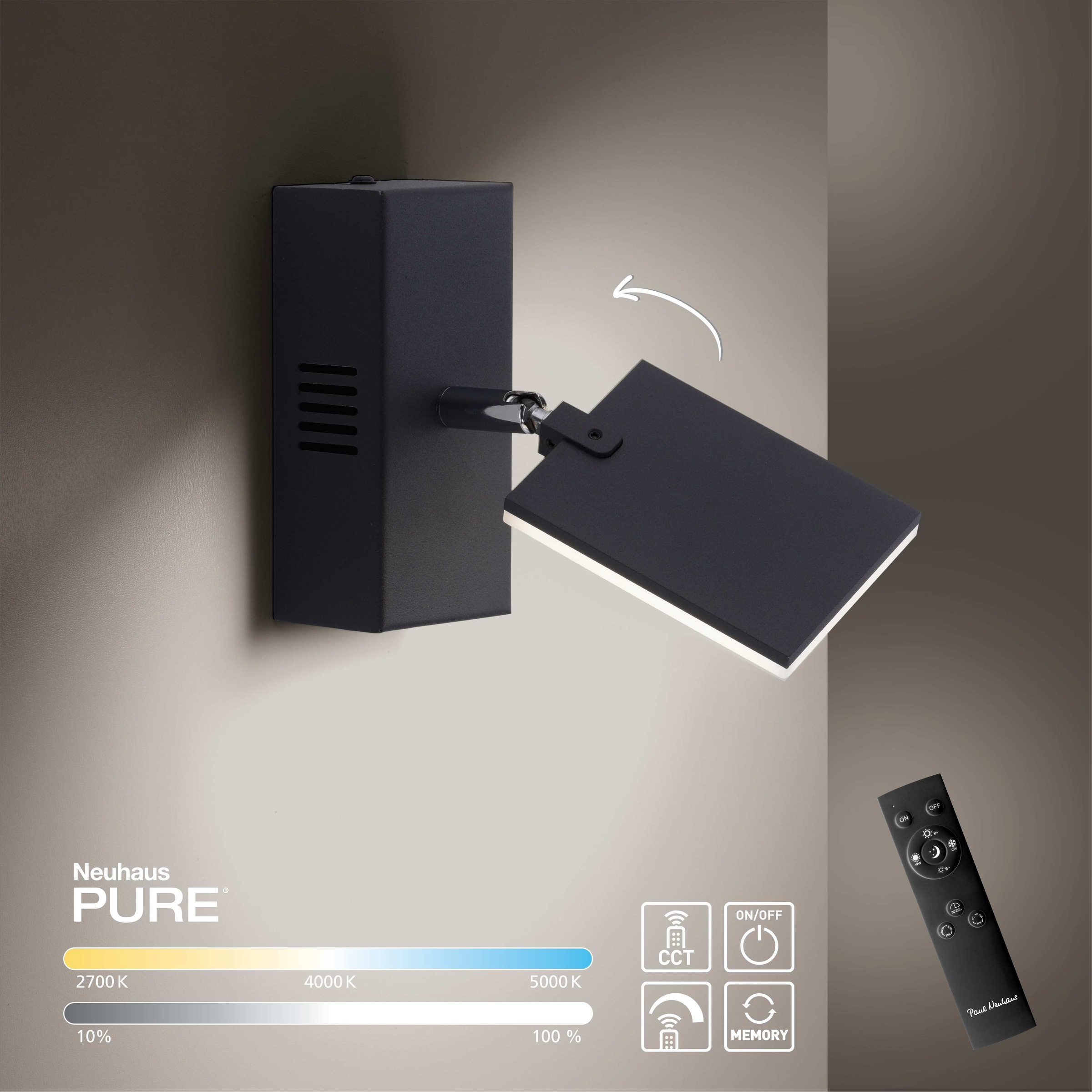 Neuhaus PURE LED Wandleuchte »PURE Mira« LED-Board 1 Stk. warmweiß - kaltweiß Dimmbar, CCT, Wippschalter, Fernbedienung, beweglich