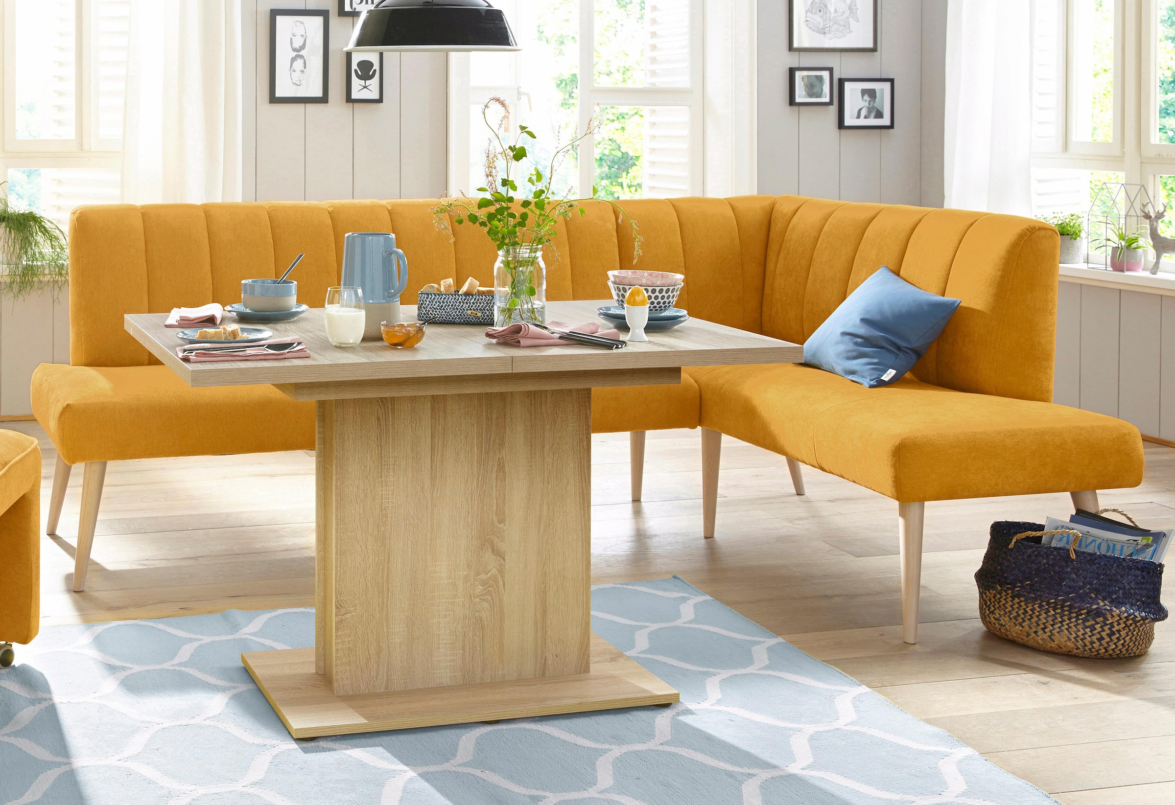 exxpo - sofa fashion Eckbank »Costa, moderne Rückensteppung, bequem und elegant, hoher Holzfuß«, hochwertig verarbeitet, Frei im Raum stellbar