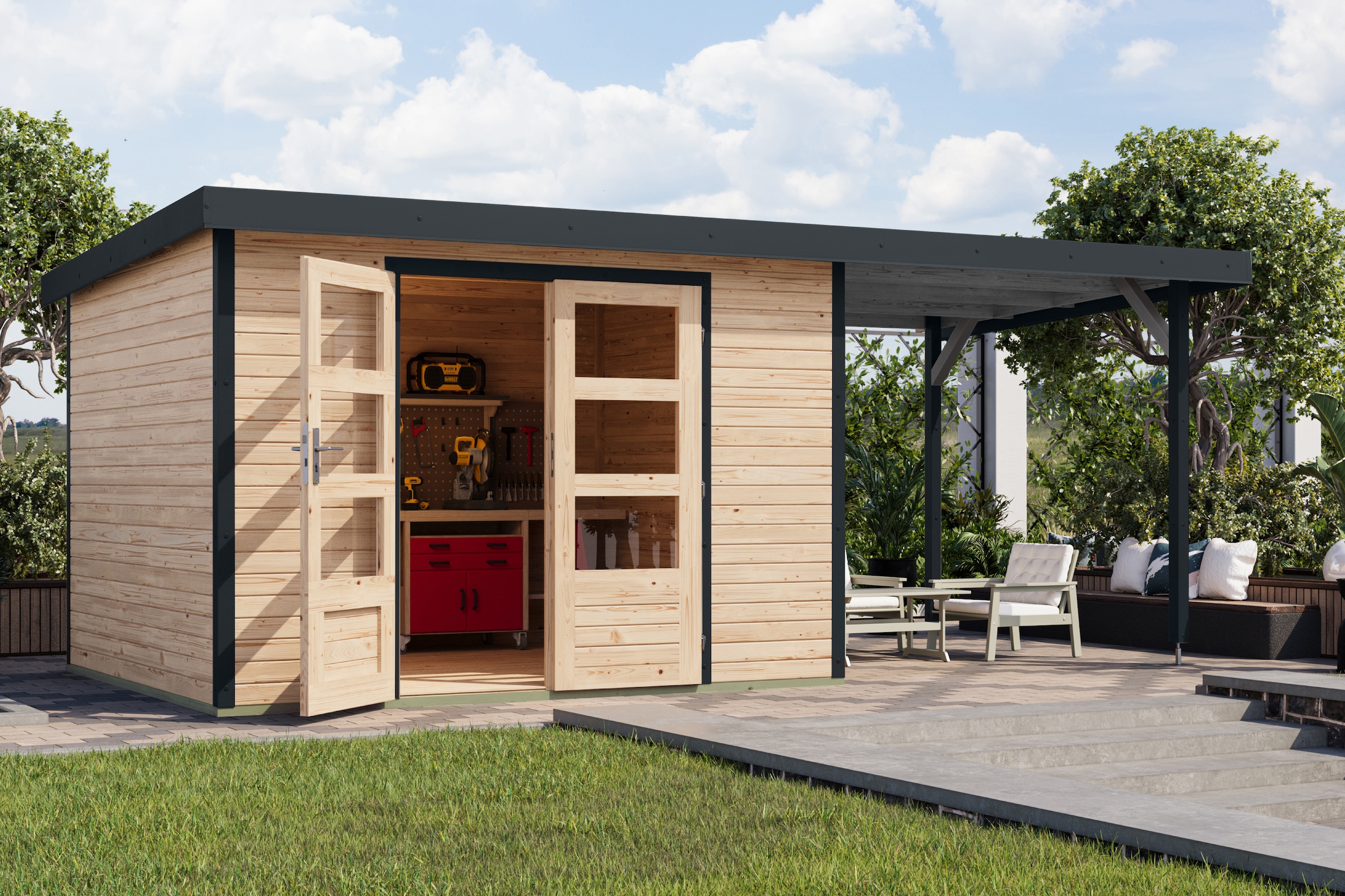 Karibu Gartenhaus "Jupiterino 5 SET, in verschiedenen Farben" inkl. Anbaudach
