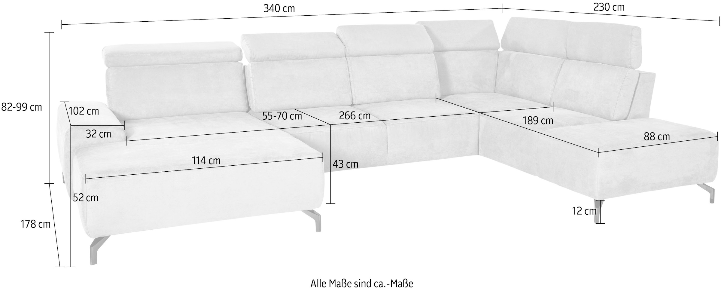 sit&more Wohnlandschaft »Gizeh U-Form«, 12 cm Fußhöhe, inklusive Sitztiefenverstellung und Kopfteilverstellung
