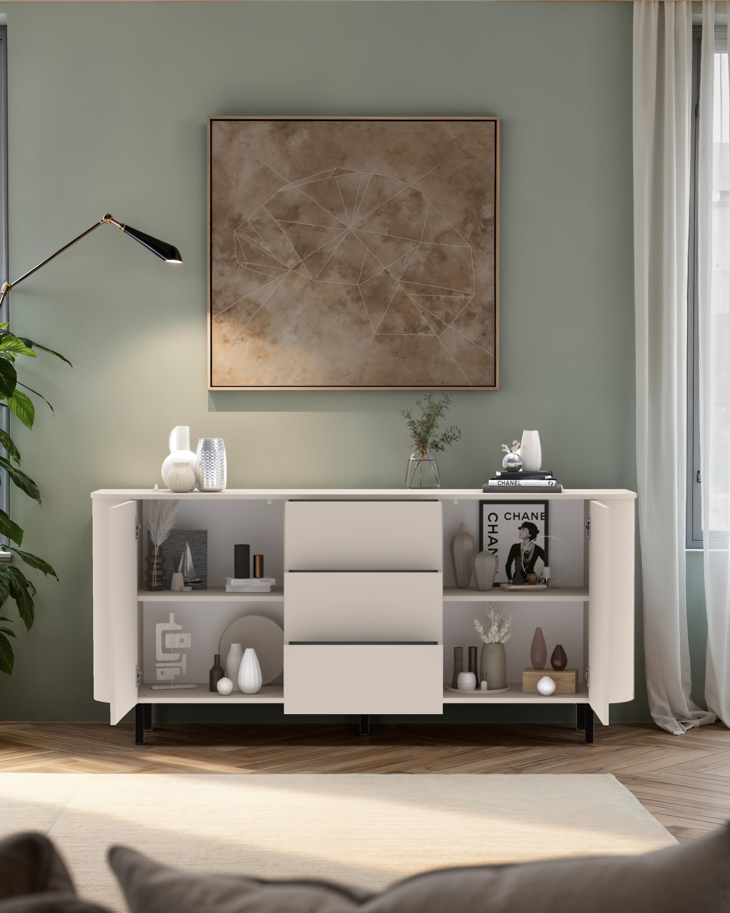 INOSIGN Sideboard »Lido, 181 cm breit, 2 Türen, 3 Schubkästen, Kommode, Stauraumschrank« Formgebogenes MDF, Stirnseiten mit Rundung, Push-to-open, Metallfüße