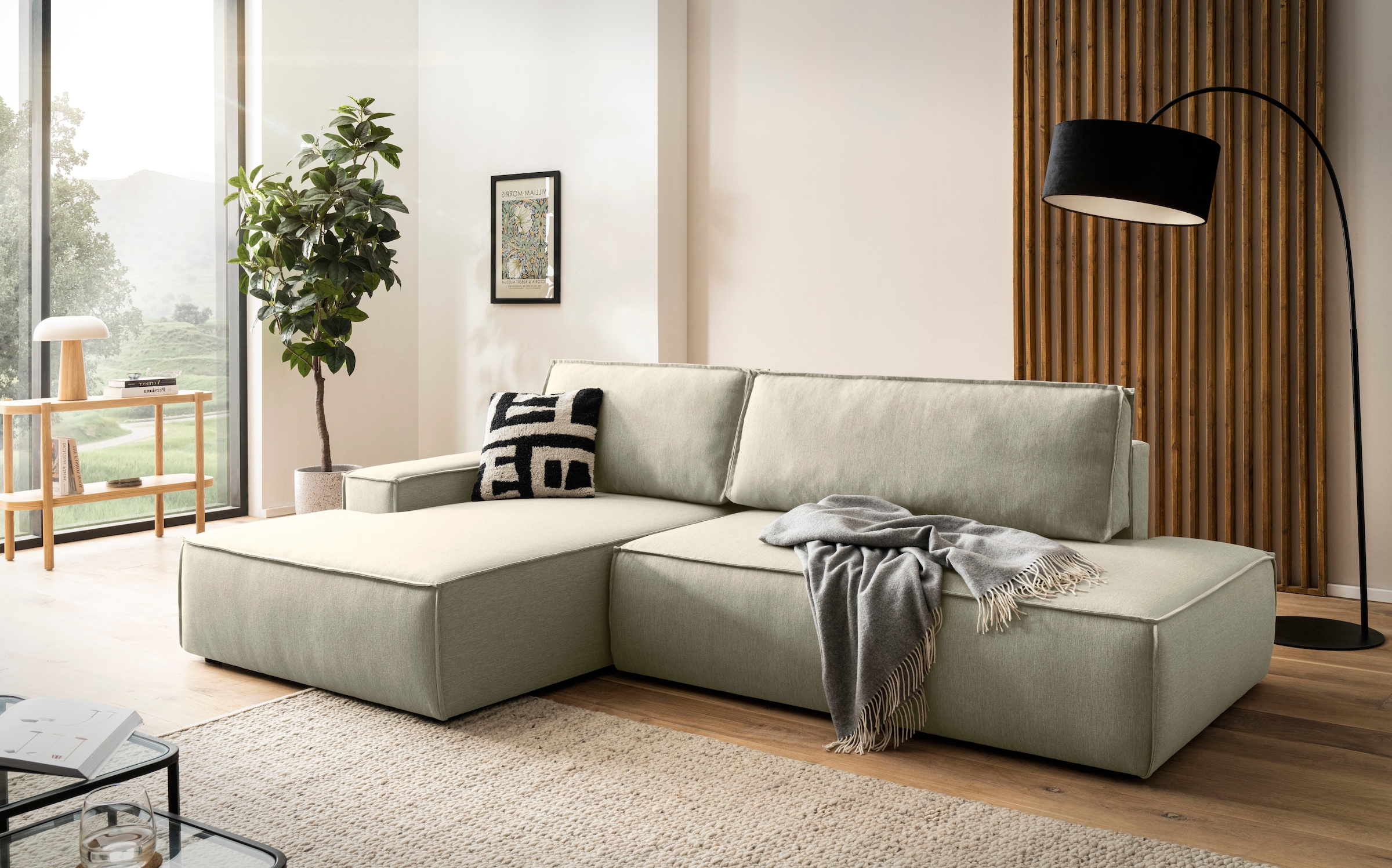 OTTO home Ecksofa "SHERWOOD Leinenoptik Schlafsofa in L-Form offen (275cm)" Schlaffunktion und Bettkasten, Kedernaht, hoher Sitz- & Liegekomfort