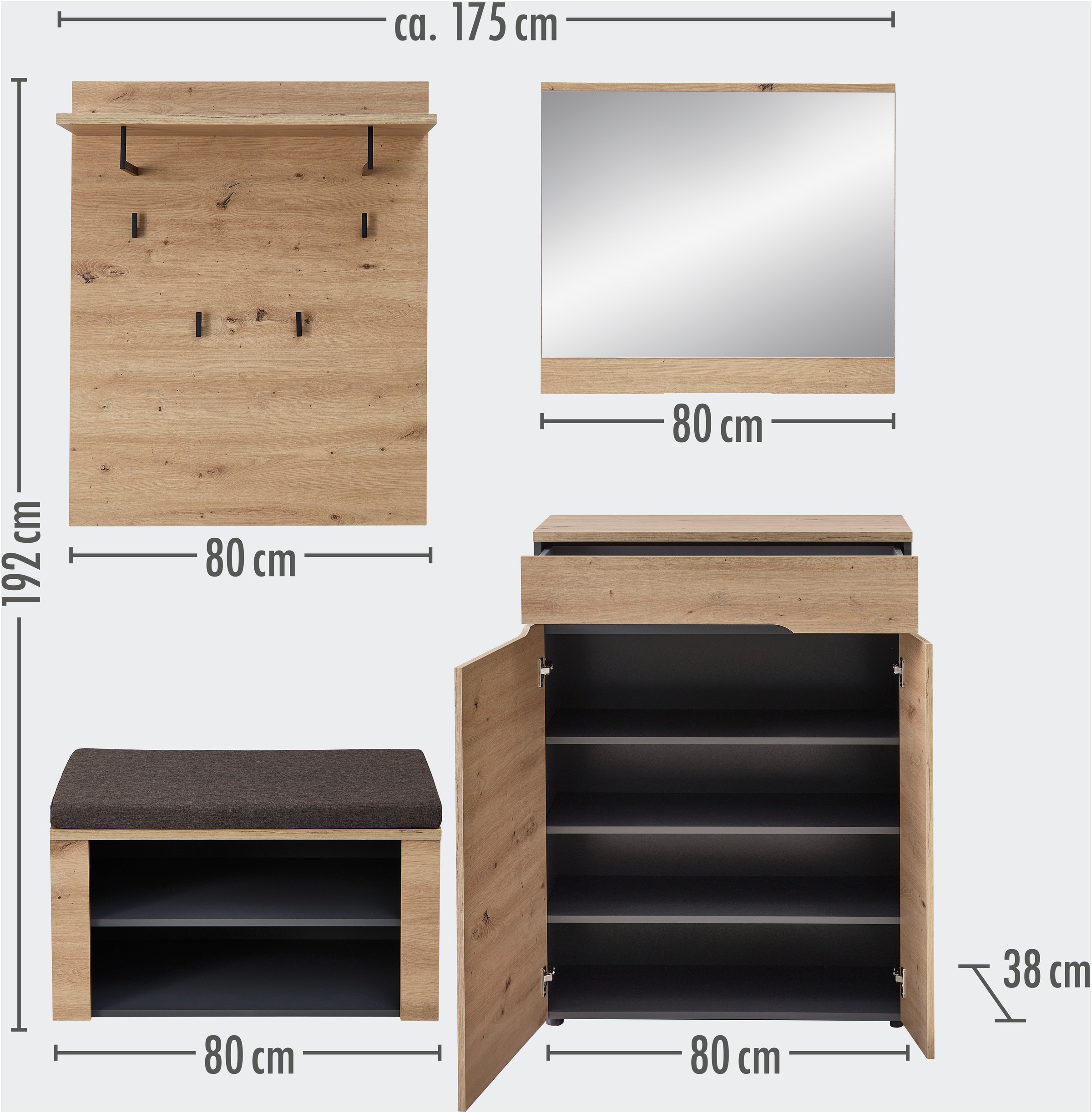 OTTO home Garderoben-Set »Fargo Garderobenset, 175/192/38 (B/H/T cm)« 4 Stk. tlg.