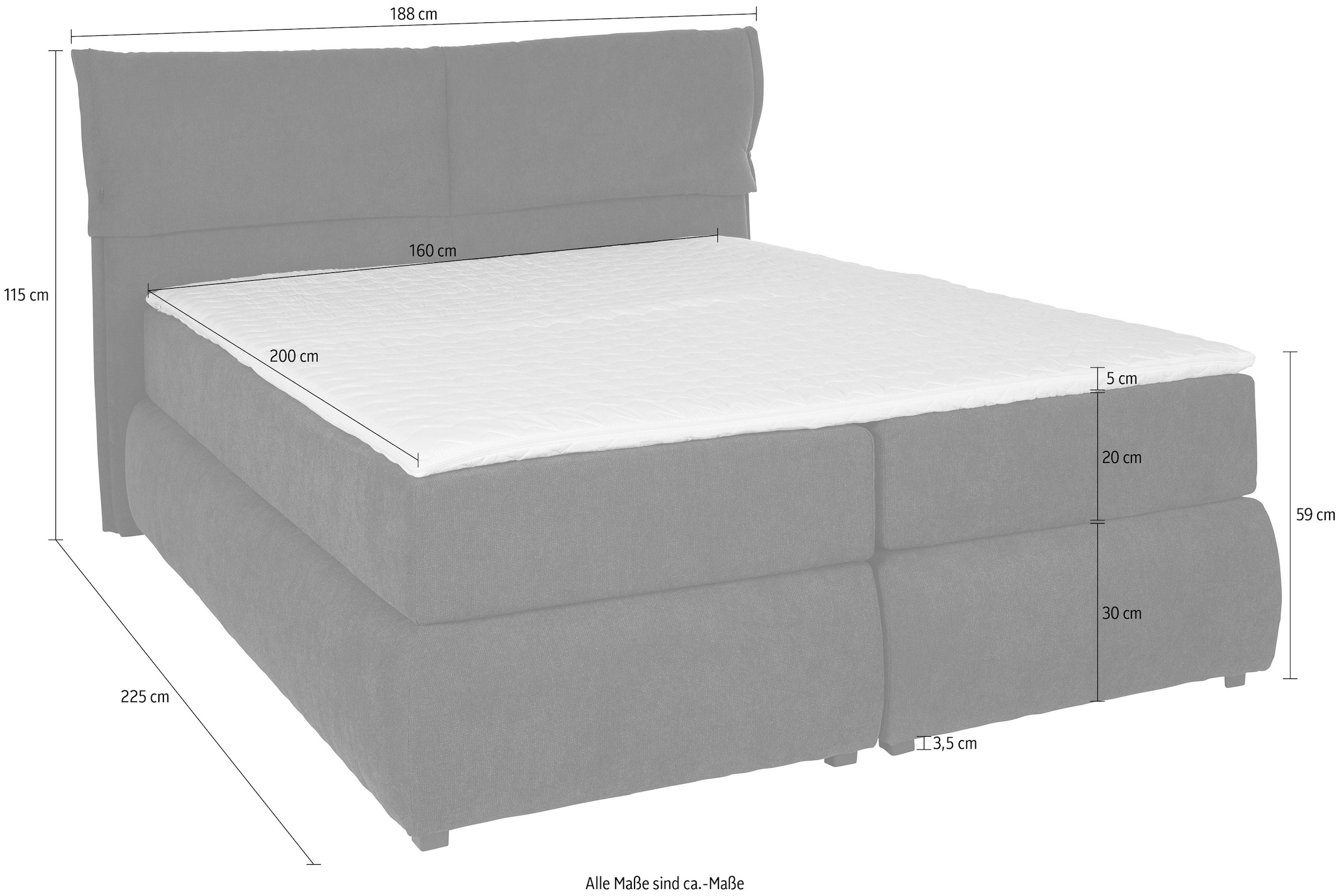 andas Boxspringbett »Jenson«, in 4 Farben, 4 Breiten, 3 Matratzenarten in 2 Härtegraden, Topper