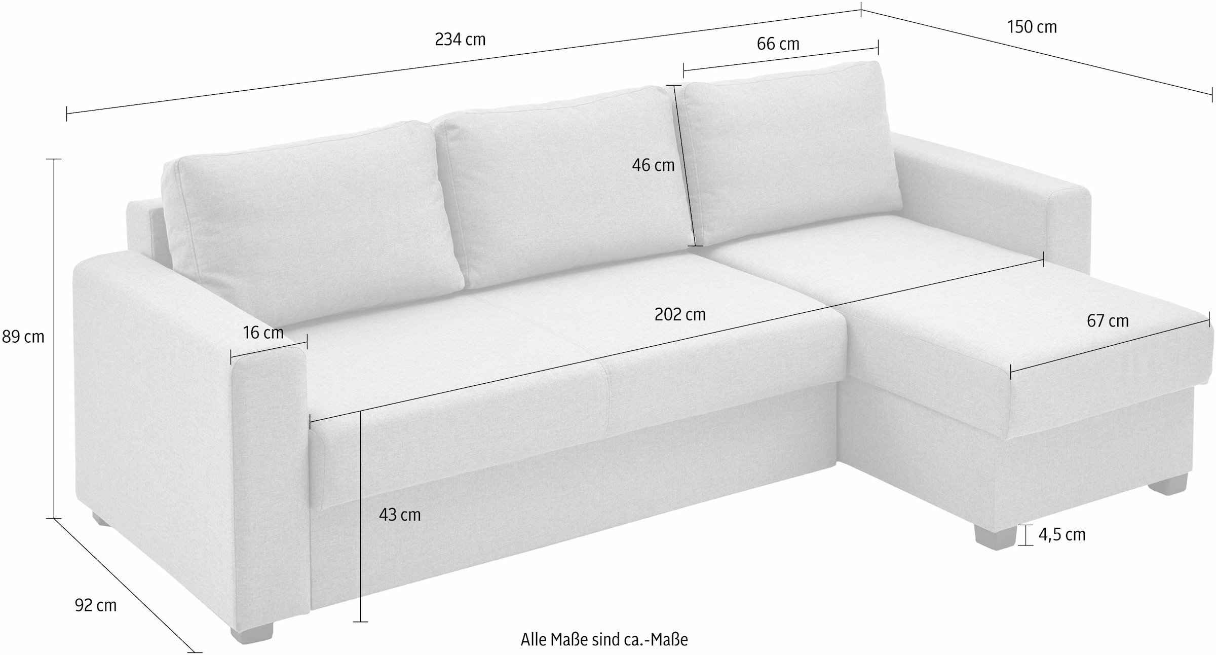 ATLANTIC home collection Ecksofa »Dublin L-Form«, Bettfunktion und Bettkasten, Recamiere links oder rechts montierbar