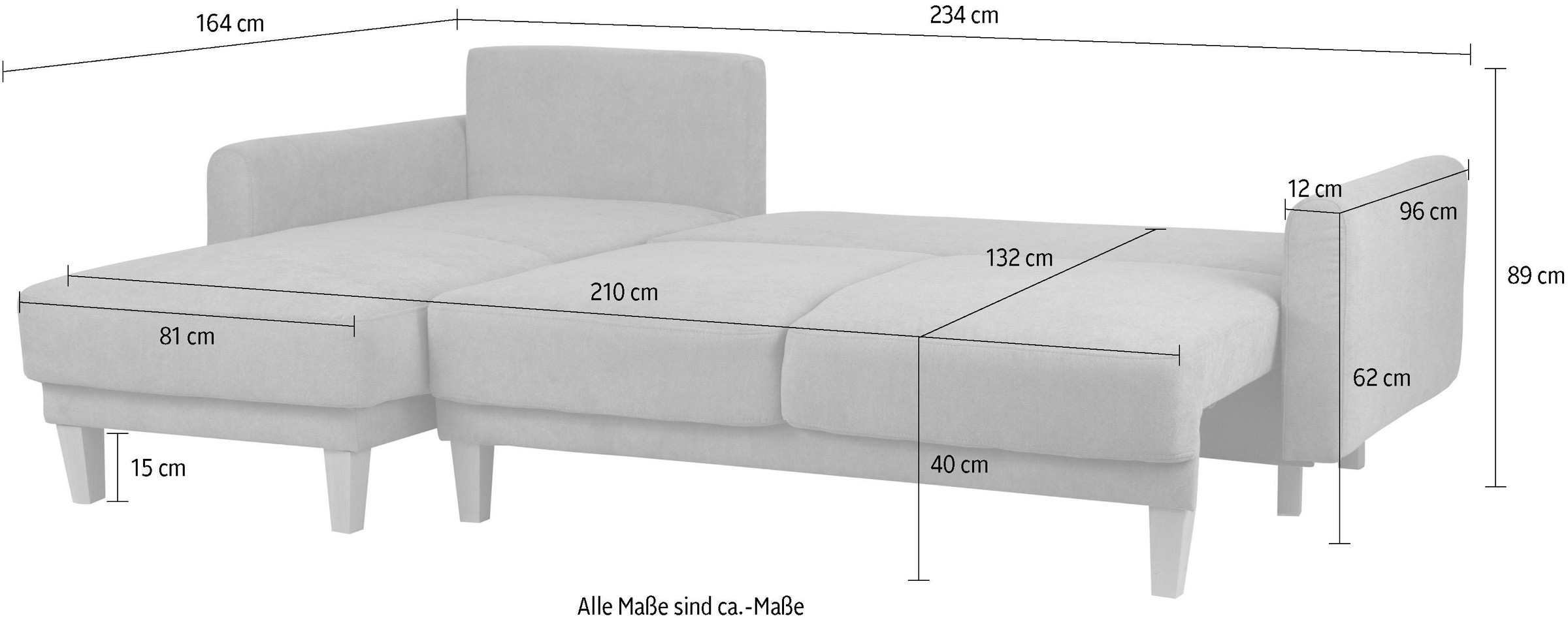 Home affaire Ecksofa »TRIPLO optionale Schlafsofa mit Bettkasten, Maße B/T/H: 234/164/89 cm«, L-Form wahlweise mit Bettfunktion - Liegefläche 132x210 cm