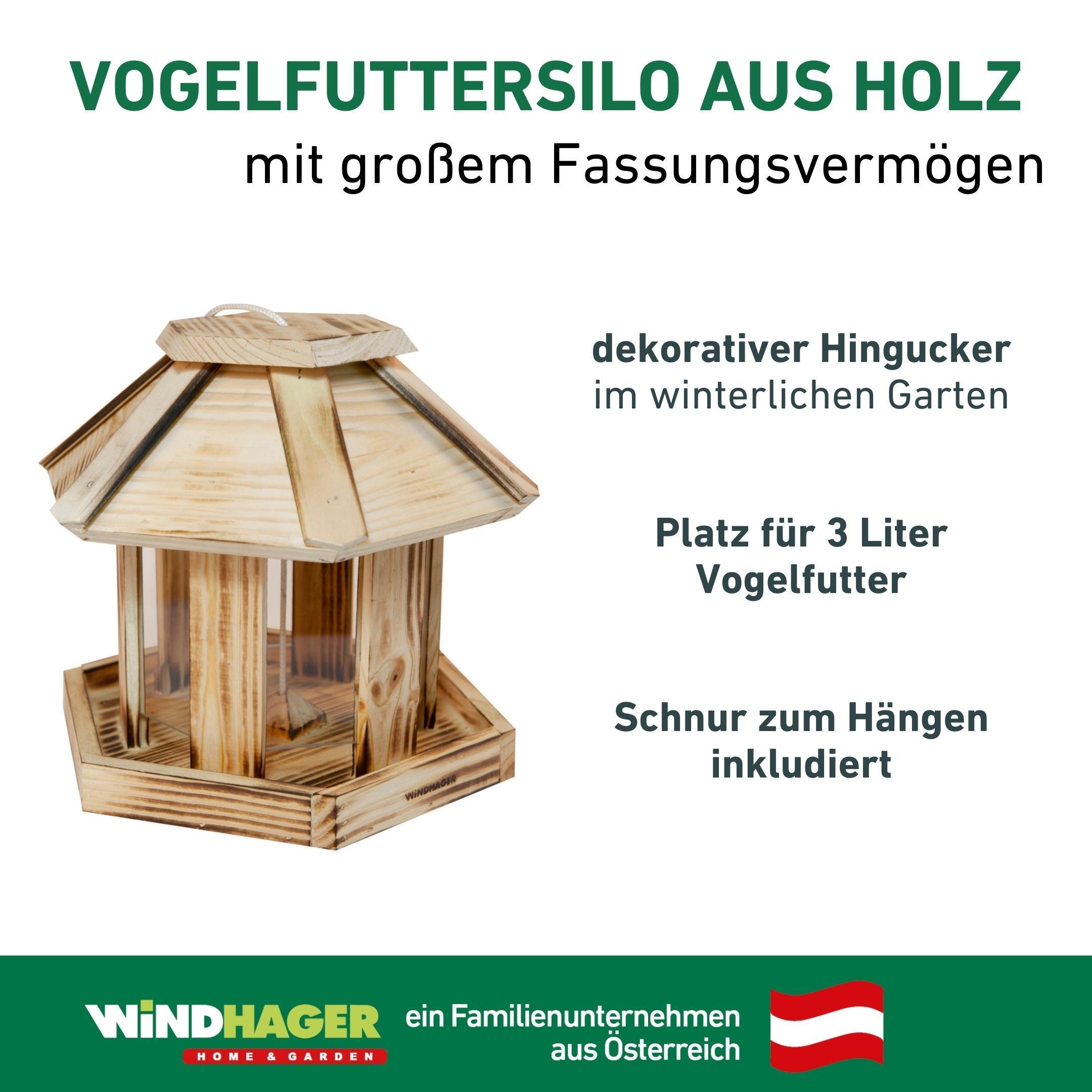 Windhager Vogelhaus »Wilder Kaiser, Vogelfuttersilo aus Echtholz« Futterstation inkl. Aufhängung und Sitzmöglichkeit, Füllvolumen 3l