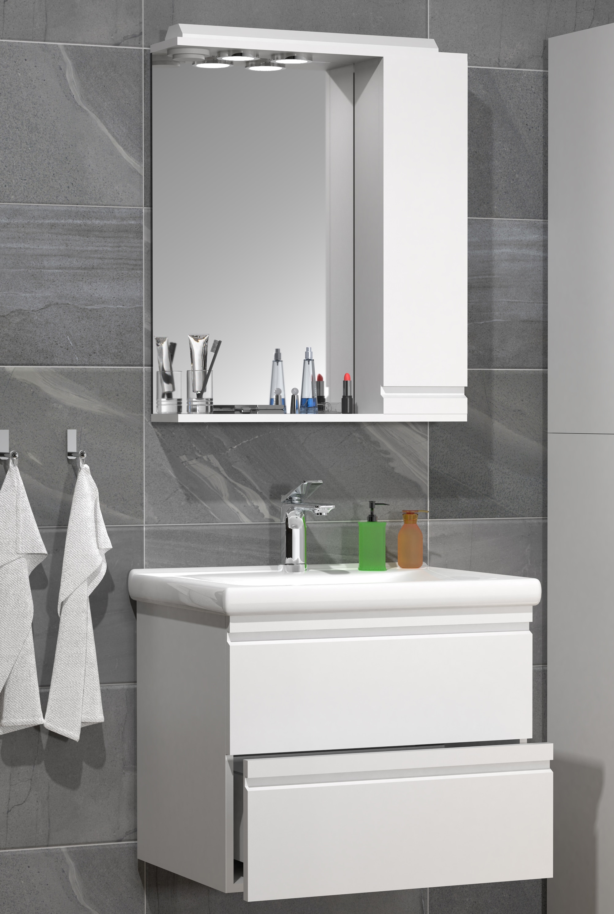VCM Waschbeckenunterschrank »VCM 3-tlg. Waschplatz Waschtisch 60 cm Badmöbel Set Waschbecken grifflose Schublade Spiegelschrank Silora L«, (3 St.)
