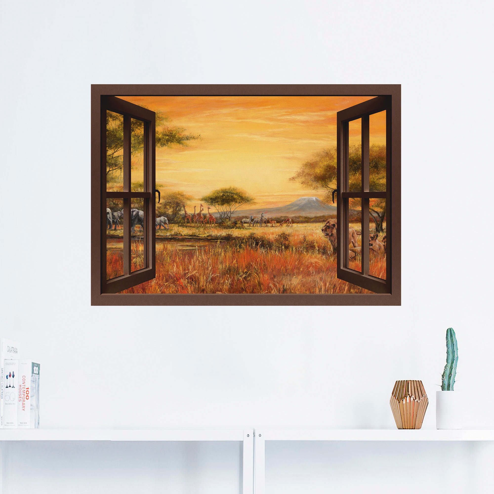 Artland Wandbild »Fensterblick Afrikanische Steppe Löwen«, Fensterblick, (1 St.), als Leinwandbild, Wandaufkleber in verschied. Größen