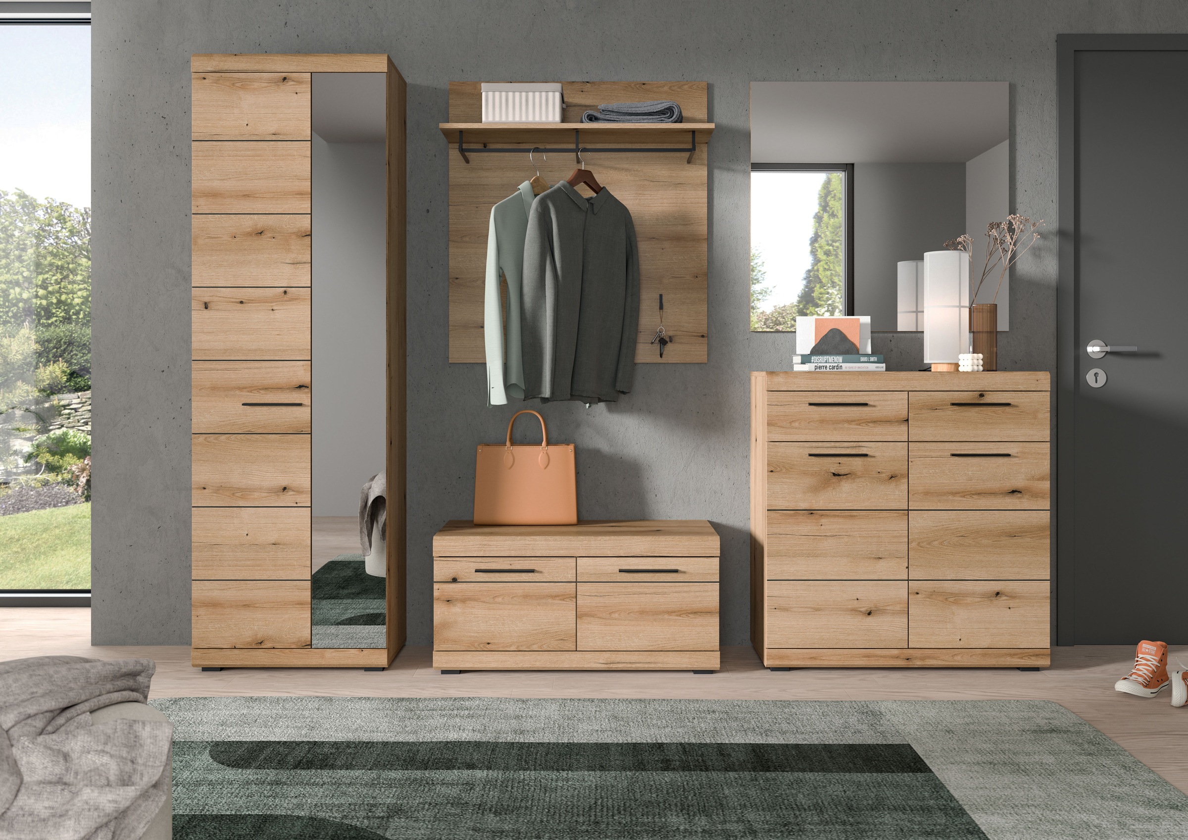 INOSIGN Garderoben-Set »Siena, Fronten mit hochwertiger Rillenfräsung, 5-teilig,bestehend aus:«, (Komplett-Set, 5 St.), Scout Garderobenkombinatio 5-tlg., Breite 272 cm, Flur, Diele