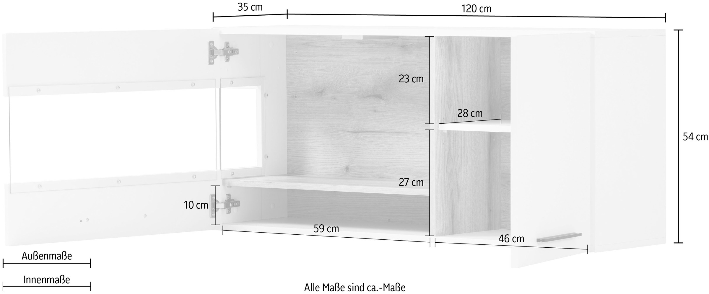INOSIGN Hängevitrine »Salerno Hängeschrank, Glasvitrine, Weiß mit Eiche Evoke Dekor, modern.«, Metallgriffe, ausreichend Stauraum, vielseitig einsetzbar, 120cm breit