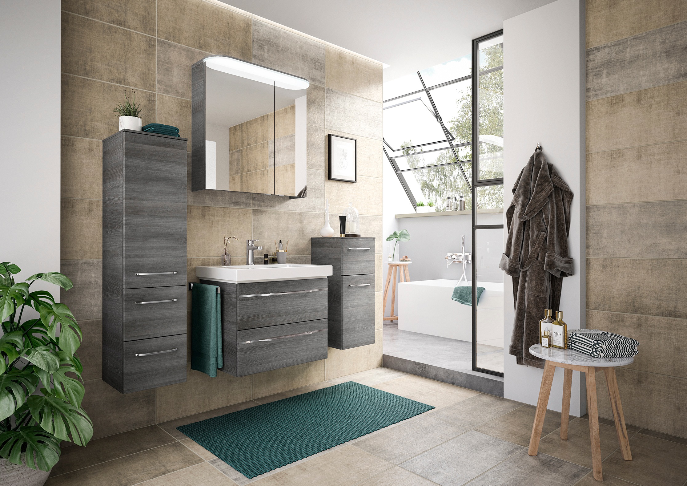 Saphir Badmöbel-Set »Balto Sprint 4-teilig, Mineralmarmor-Waschtisch mit LED-Spiegelschrank«, (5 St.), mit Unterschrank, Midischrank, inkl. Türdämpfer, 4 Türen, 5 Schubladen