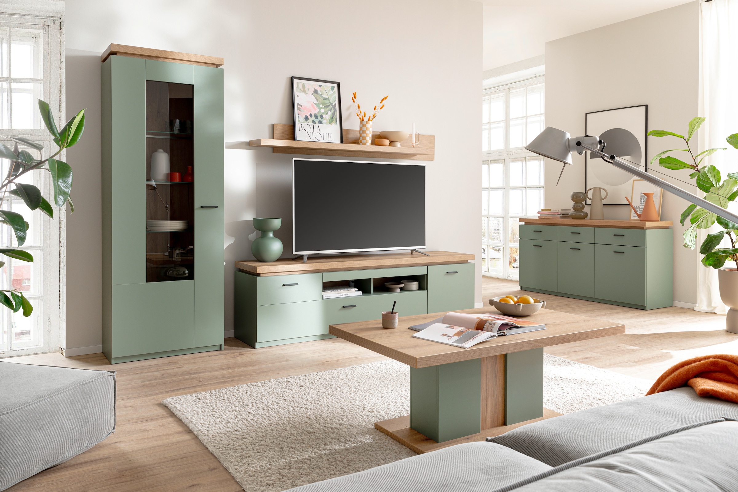 MCA furniture Couchtisch »Moniz Couchtisch mit Bodenplatte«, (1 St.), Wohnzimmertisch,Eiche,Salbeigrün,mit Säule,belastbar 50kg,Breite 115cm