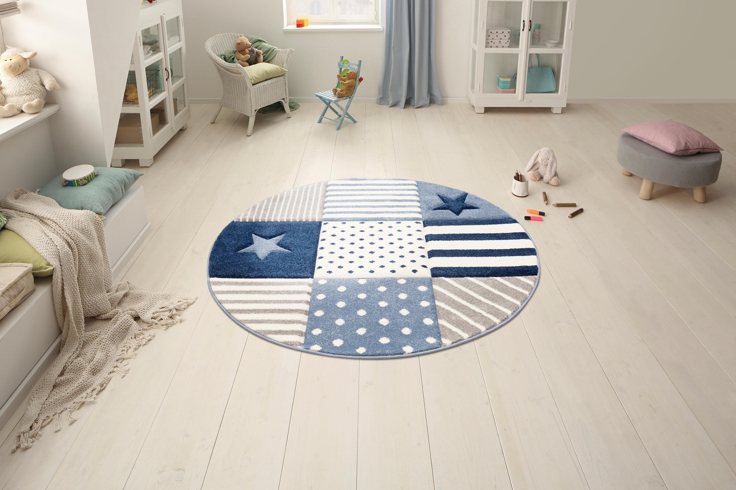my home Kinderteppich »Stern«, rund, 13 mm Höhe, Kurzflor-Teppich, handgearbeiteter Konturenschnitt, Patchwork-Design
