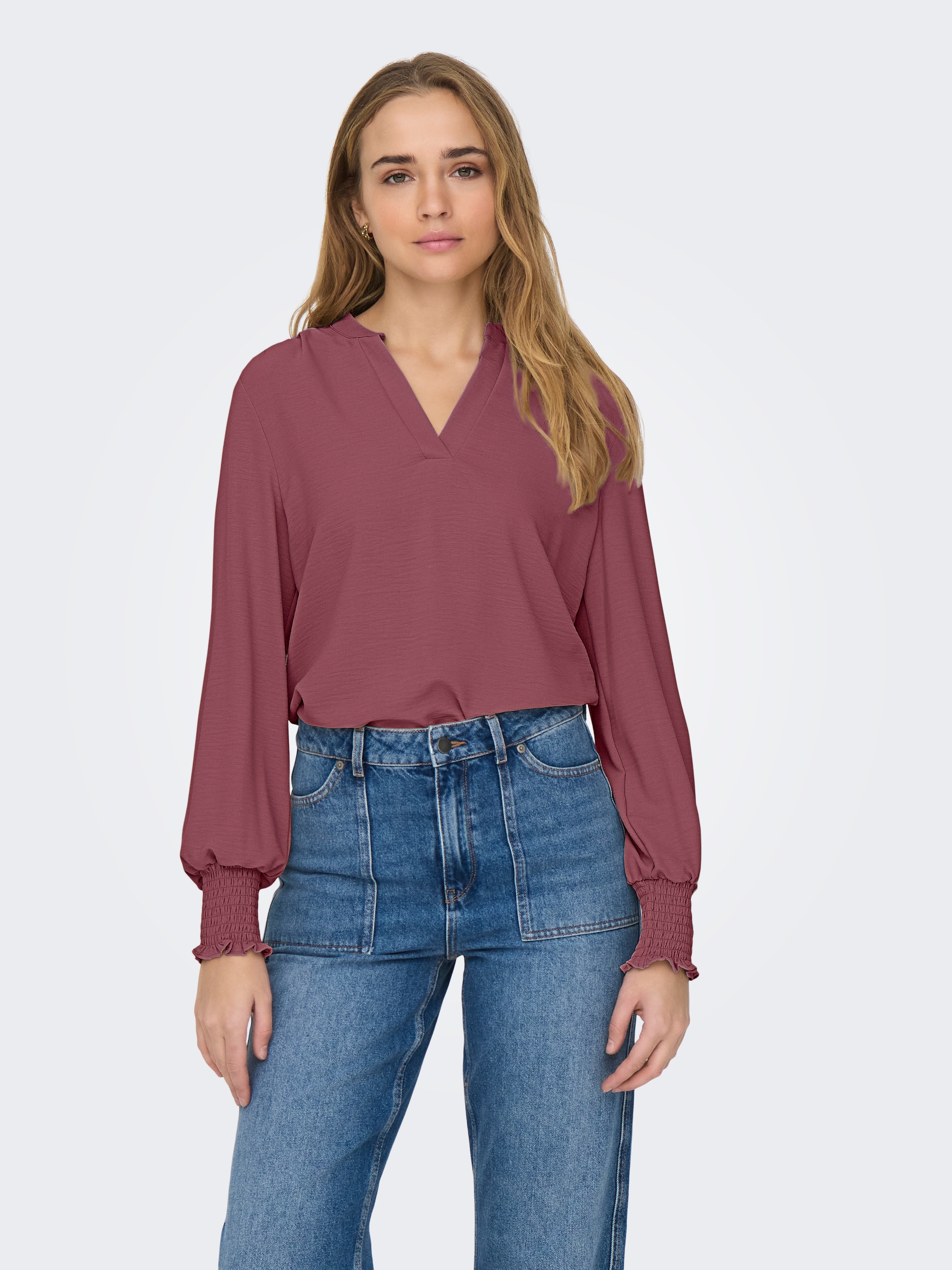 ONLY "ONLMETTE V-NECK LS SMOCK TOP NOOS WVN" Kunstfaser, regular fit