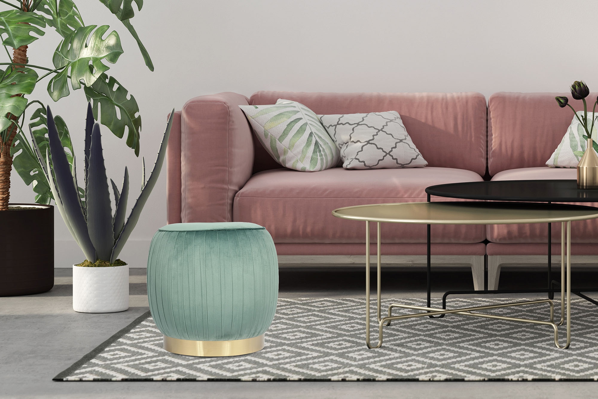 Kayoom Polsterhocker »Hocker Lyla 125, Edler Touch durch goldenen Sockel, Samtbezug«, (1 St.), samtweich, gesteppte Ziernaht, Edelstahlsockel, Hochwertiger Samtbezug