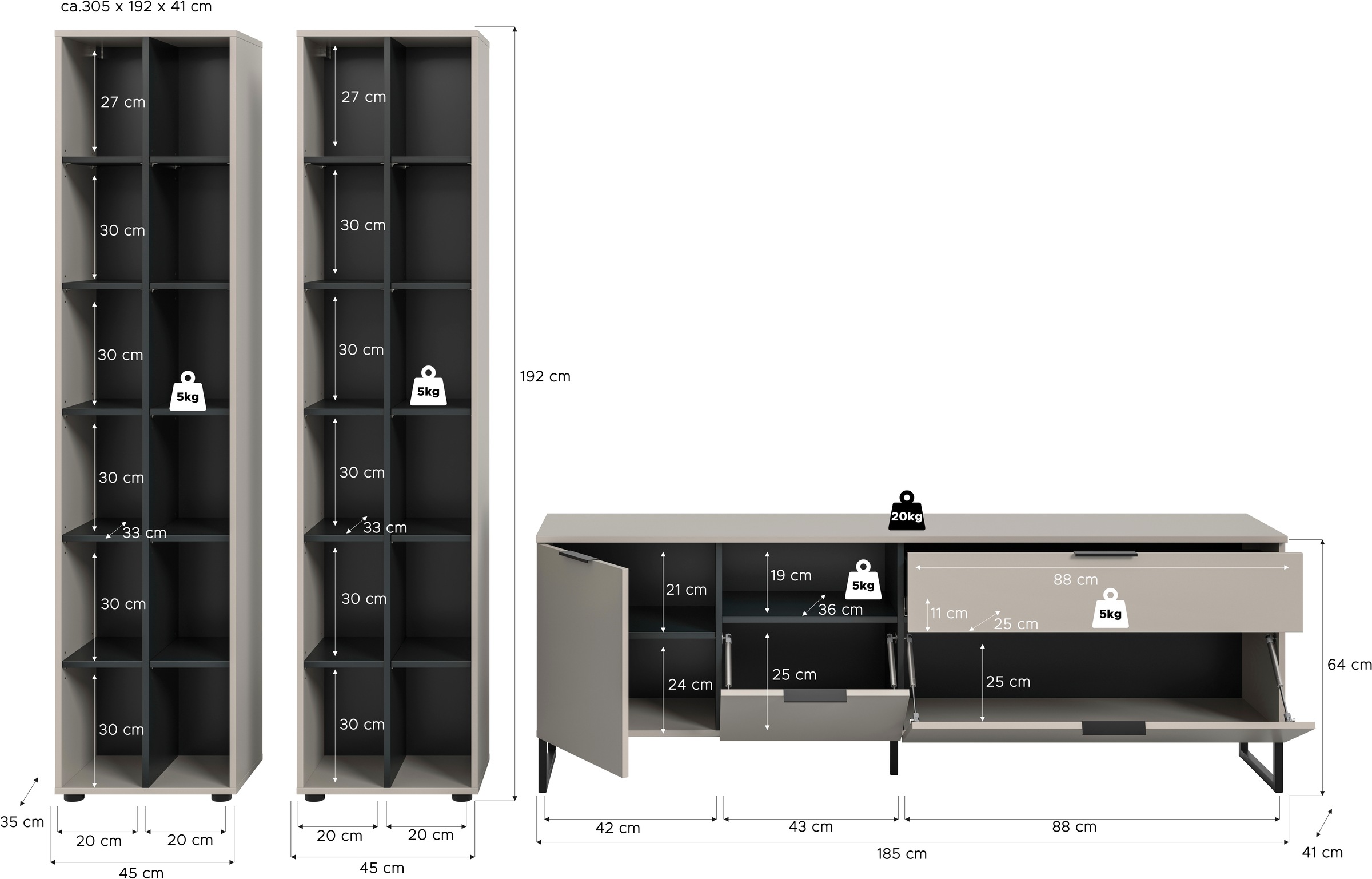 INOSIGN Wohnwand »Adio, Wohnkombination, 305 cm Breit«, (Set, 3 St.), Adio, Wohnkombination 3tlg. Kashmir NB, 2 Stauraumregale. TV Lowboard