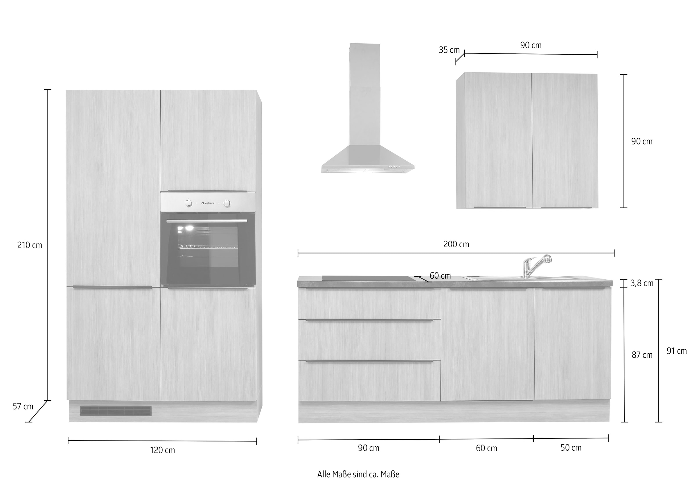 BASIC by Balculina Küchenzeile »Landzeit BxHxT 320x240x60 cm«, Breite 320cm, wahlweise mit E-Geräten, Softclose, Metallschubkasten