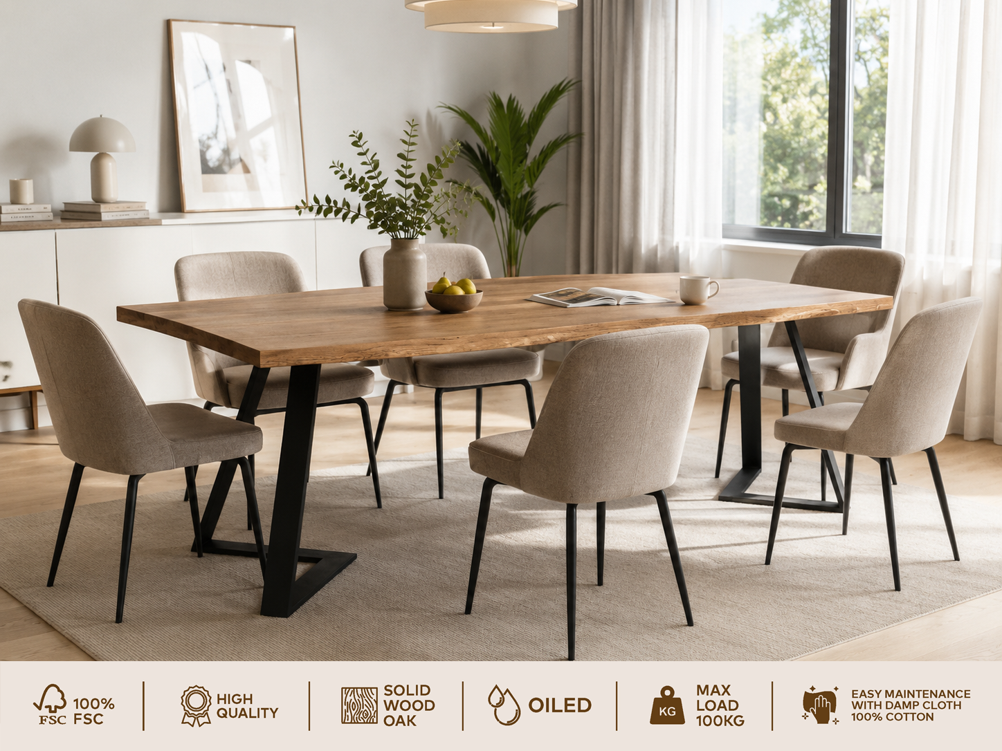 OTTO home Esstisch »»MALMO« Speisetisch, Küchentisch, Wohntisch, Esszimmertisch« Wildeiche geölt Natur/Smoke, Gerade Kante, schwarzes Metallgestell