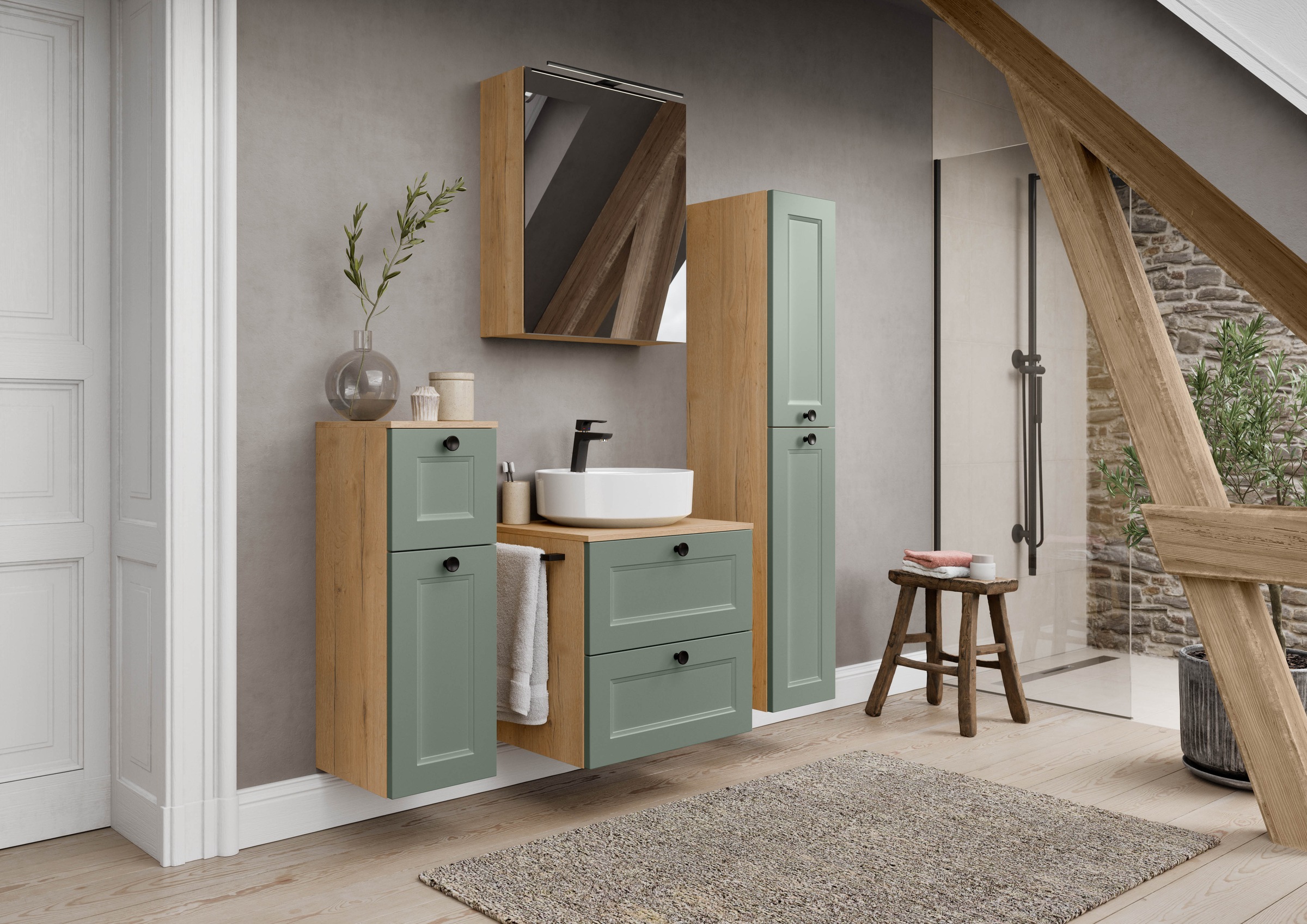 nobilia® Badmöbel-Set »Cascada« Set, inkl.  Aufsatzwaschbecken und Spiegelschrank mit Beleuchtung, 4 Stk. tlg.