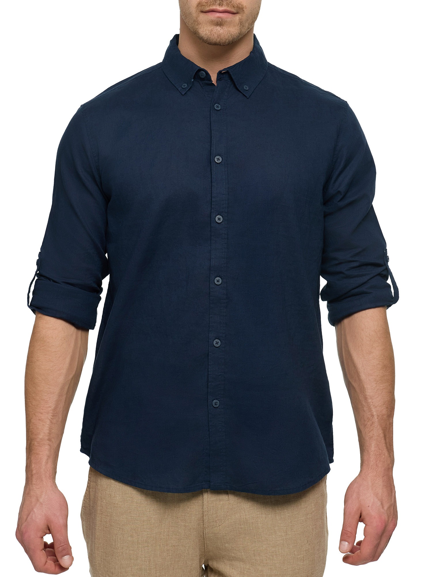 Langarmhemd INDICODE "INBrayden", Herren, Gr. XL, N-Gr, blau (navy), Web, Obermaterial: 55% Leinen, 45% Baumwolle, unifarben, regular fit normal, Hemden 2