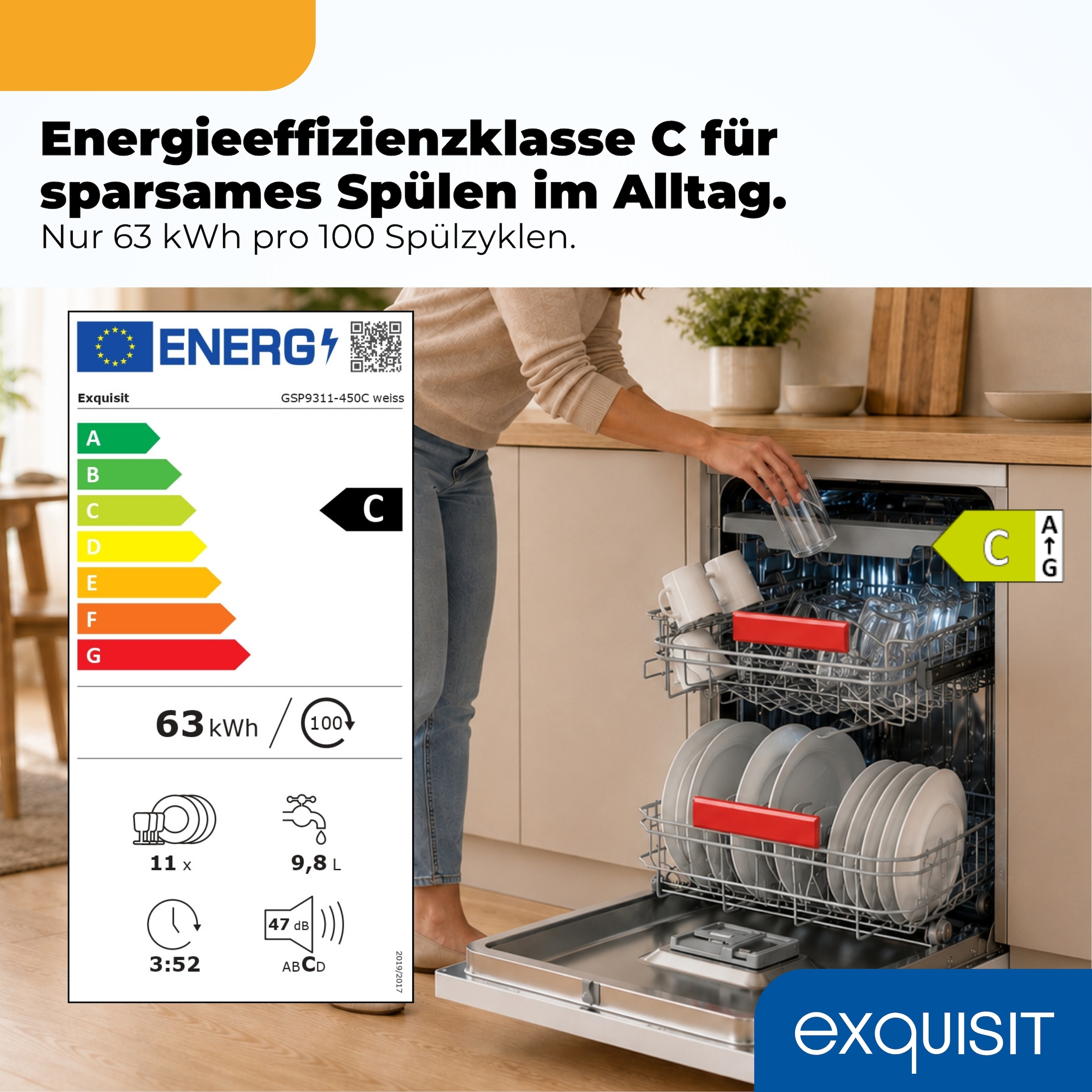 exquisit Standgeschirrspüler 9311 »GSP9311-450C weiss« 9 l 11 tlg. Maßgedecke 10 Maßgedecke, 7 Programme, Besteckschublade, Auto Door Open, AquaStop