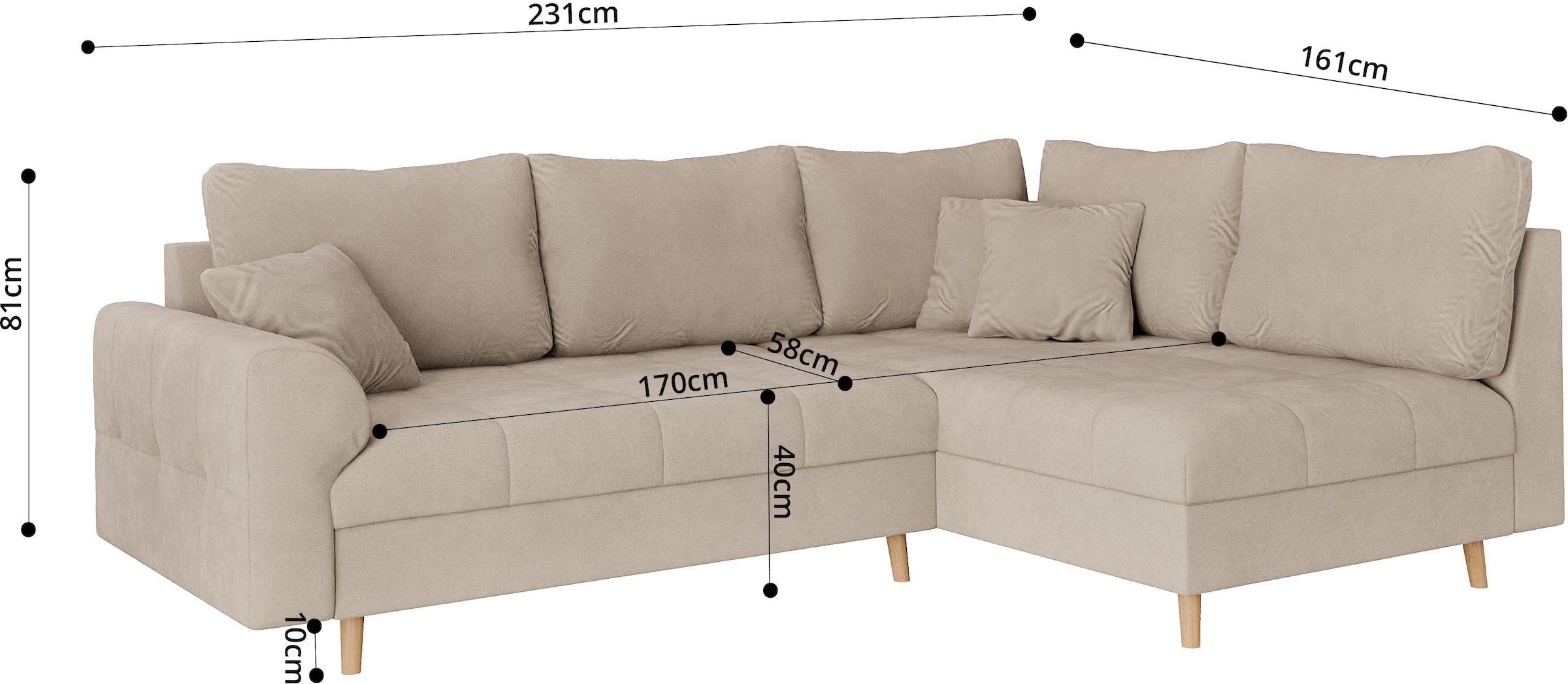 Home affaire Ecksofa »CHARRE L-Form mit Ottomane, Maße B/T/H: 231/161/81 cm«, feine Steppung, lose Rücken- und Zierkissen, auch in Cord und Bouclé
