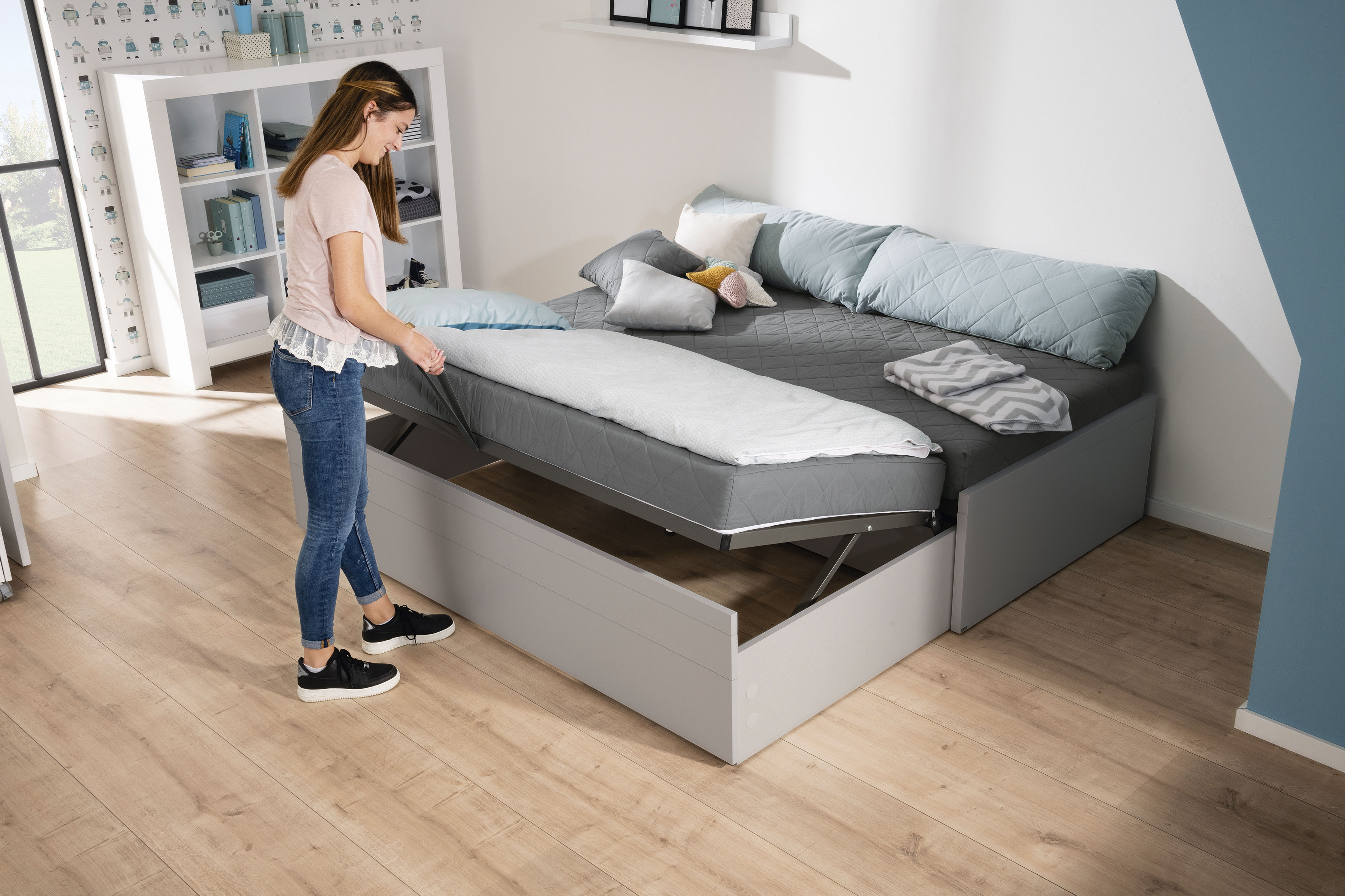 PAIDI Jugendbett "FLYNN in verschiedenen Ausführungen, Ausziehbett mit 2 Liegeflächen" Gästebett, Metallgestell inkl. Lattenroste, 2-in-1 Funktionsbett