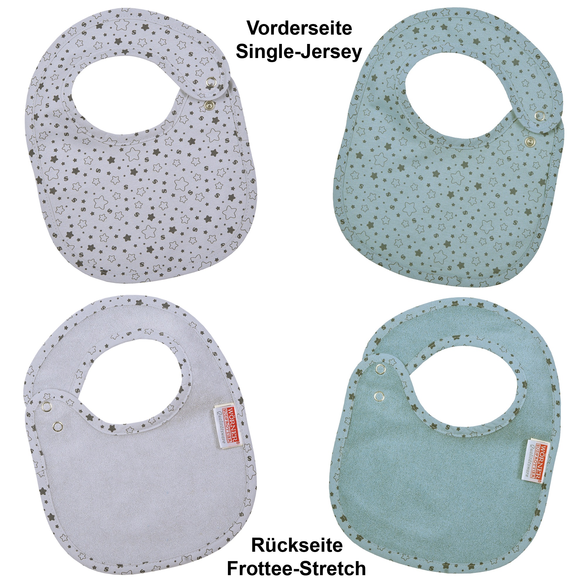 WÖRNER Baby Lätzchen "Sterne eisblau-hellgrau Druckknopflatz 22x29 cm", blau, Baumwolle, Materialmix, Lätzchen, mit Druckknöpfen, maschinenwaschbar,