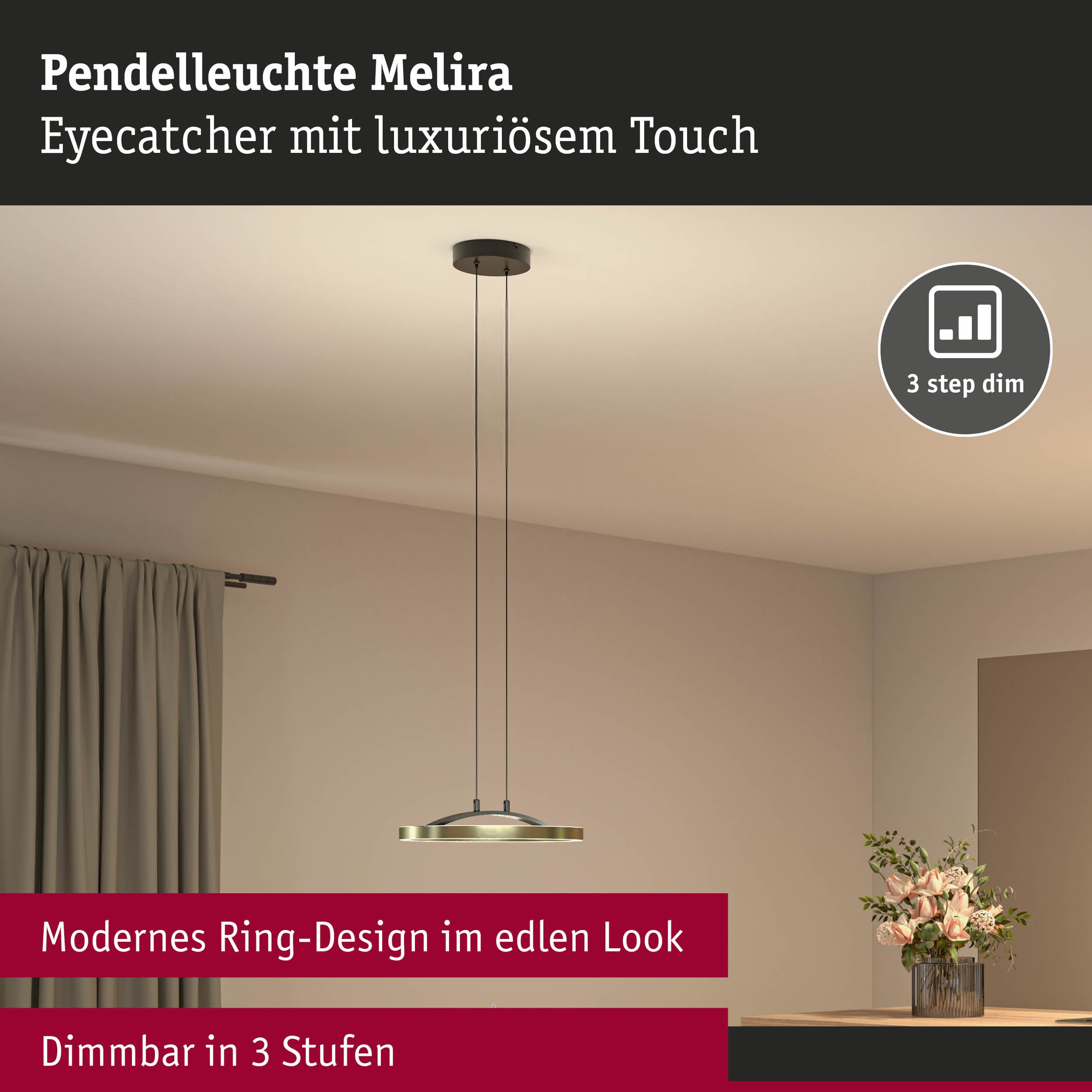 Paulmann LED Pendelleuchte »Melira LED 24W Gold /Schwarz 230V Metall« LED-Modul 1 Stk. 3-Step-Dim
