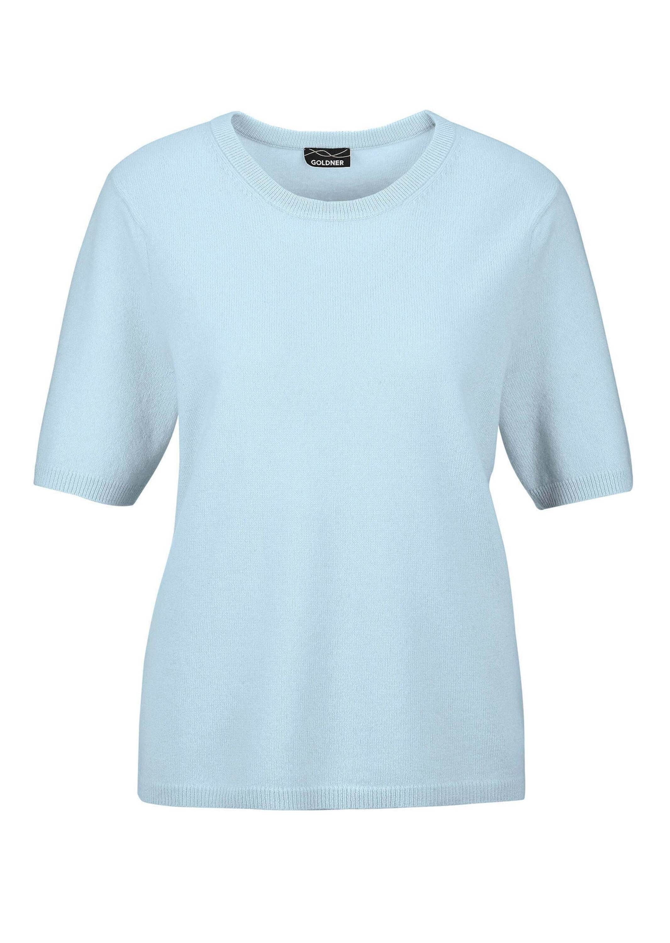 GOLDNER Damen Kurzarmpullover "Kurzgröße Halbarmpullover mit Rundhals aus Kaschmir", blau, Gr. 22, Obermaterial: 100% Kaschmir WS., Pullover