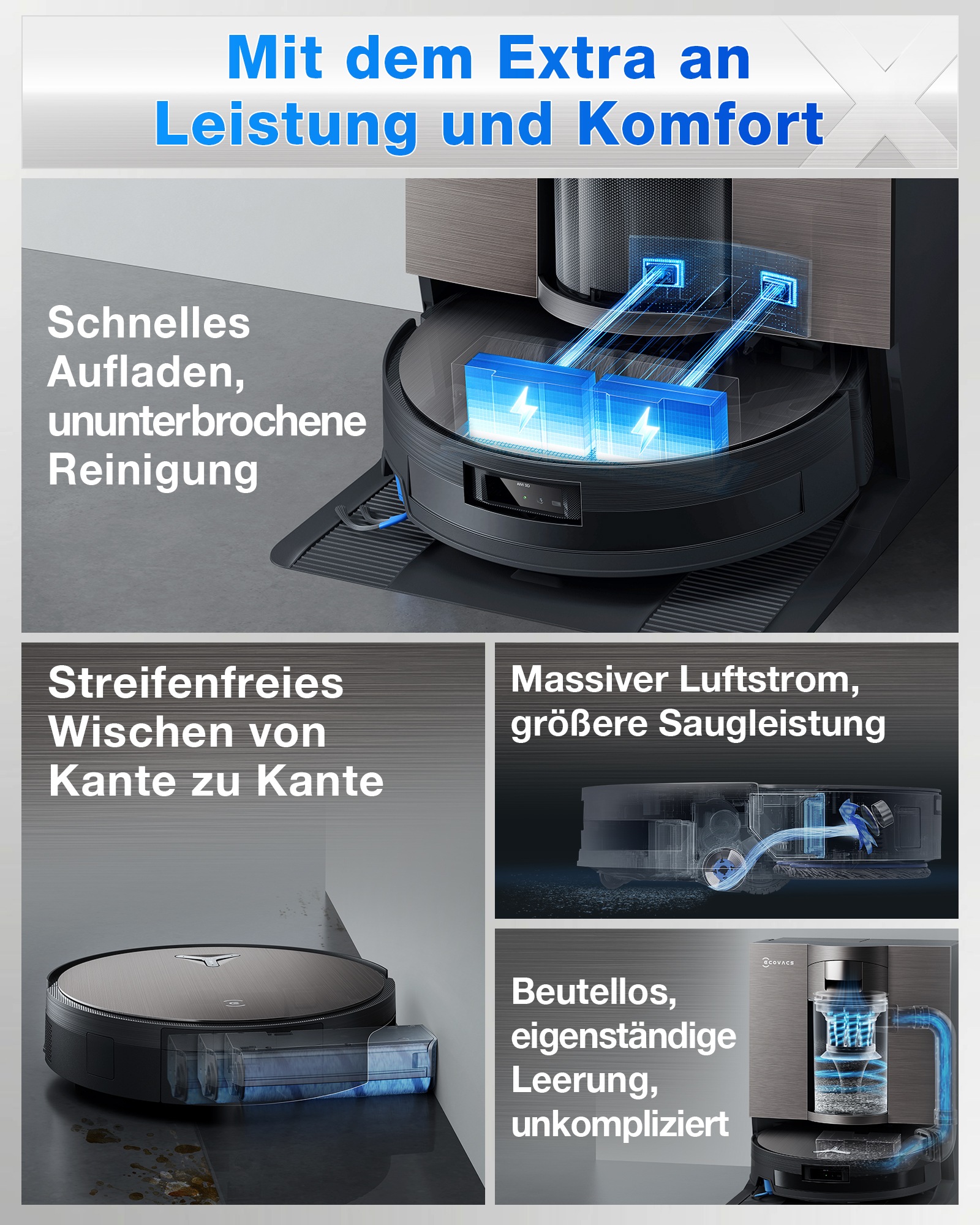 ECOVACS Saugroboter »mit Wischfunktion DEEBOT X11 OmniCyclone, 19.500 Pa, 18 l/s Luftstrom«, Schnellladefunktion, Wischrolle, beutellos