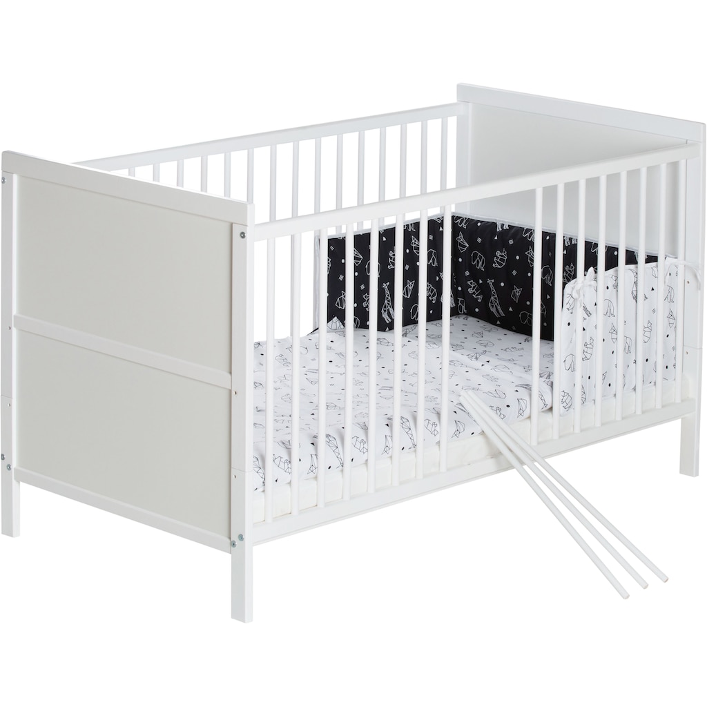 Schardt Babybett »Lenny, Origami Black«, umbaubar zum Juniorbett, mit Bettwäsche, Nestchen, Himmel