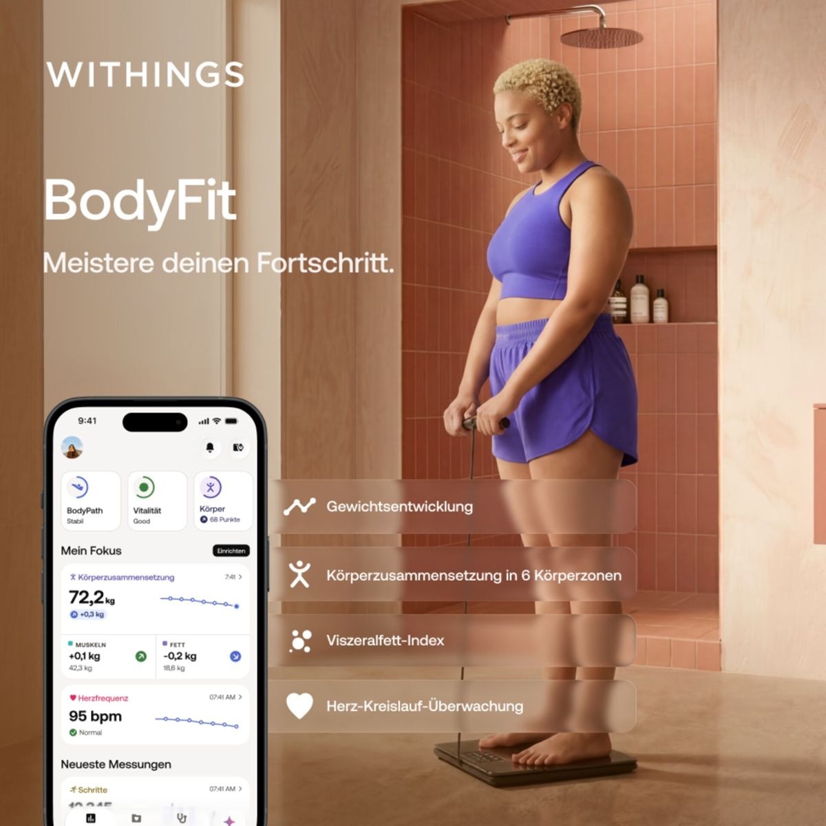Withings Körper-Analyse-Waage »Withings BodyFit: Smarte Körperwaage mit 40+ Biomarkern« 99 % DEXA-Genauigkeit • Stoffwechselbewertung • Kostenlose App