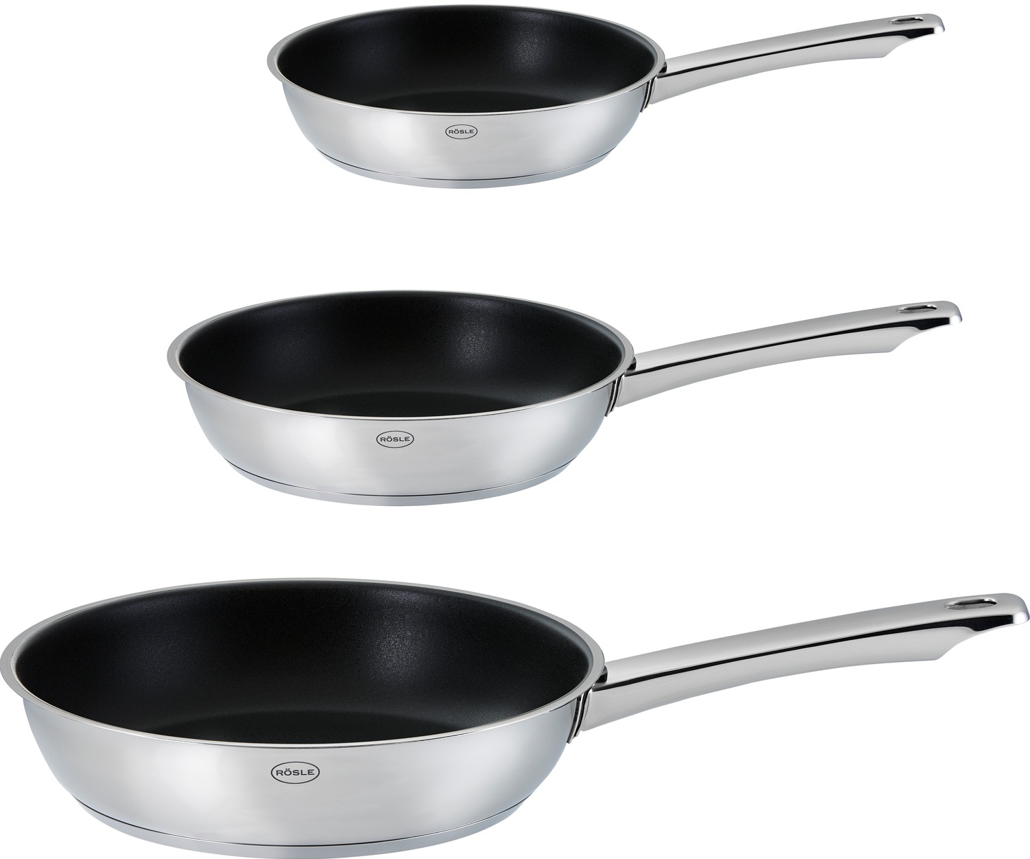 RÖSLE Pfannen-Set "MOMENTS" Edelstahl 18/10 Set, 1x Bratpfanne Ø 20 cm, 1x Bratpfanne Ø 24 cm, 1x Bratpfanne Ø 28 cm, 3 Stk. tlg. mit Antihaftversiegelung, Induktion