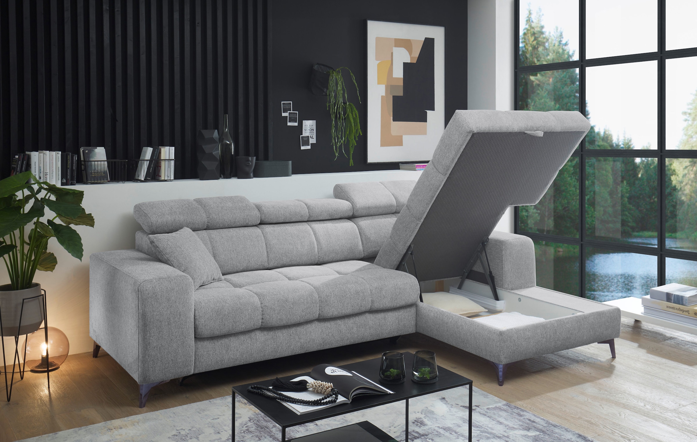 ED EXCITING DESIGN Ecksofa »Sydney L-Form mit Bettfunktion, Bettkasten, Kopfteilverstellung«, motorischer Sitztiefenverstellung, USB-Port & 2 Zierkissen