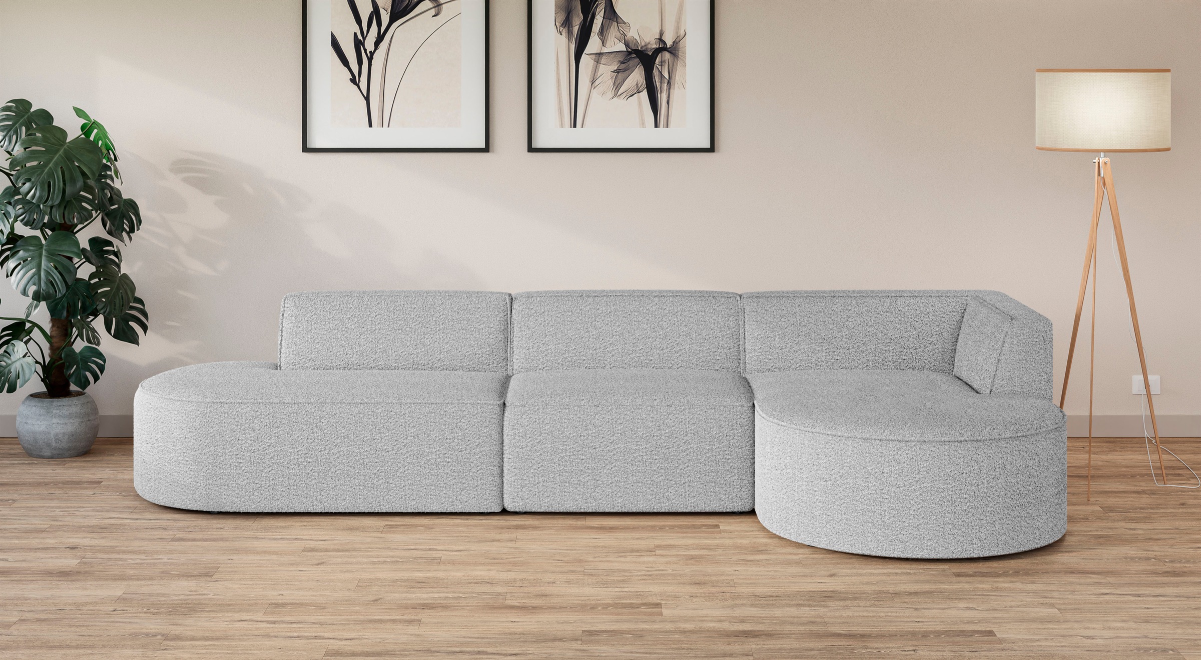 andas Ecksofa »EIVIND Designer Sofa mit Ottomane rechts/links, B/T/H: 343/159/72 cm«, L-Form mit Wellenunterfederung, auch in Feincord und Bouclé