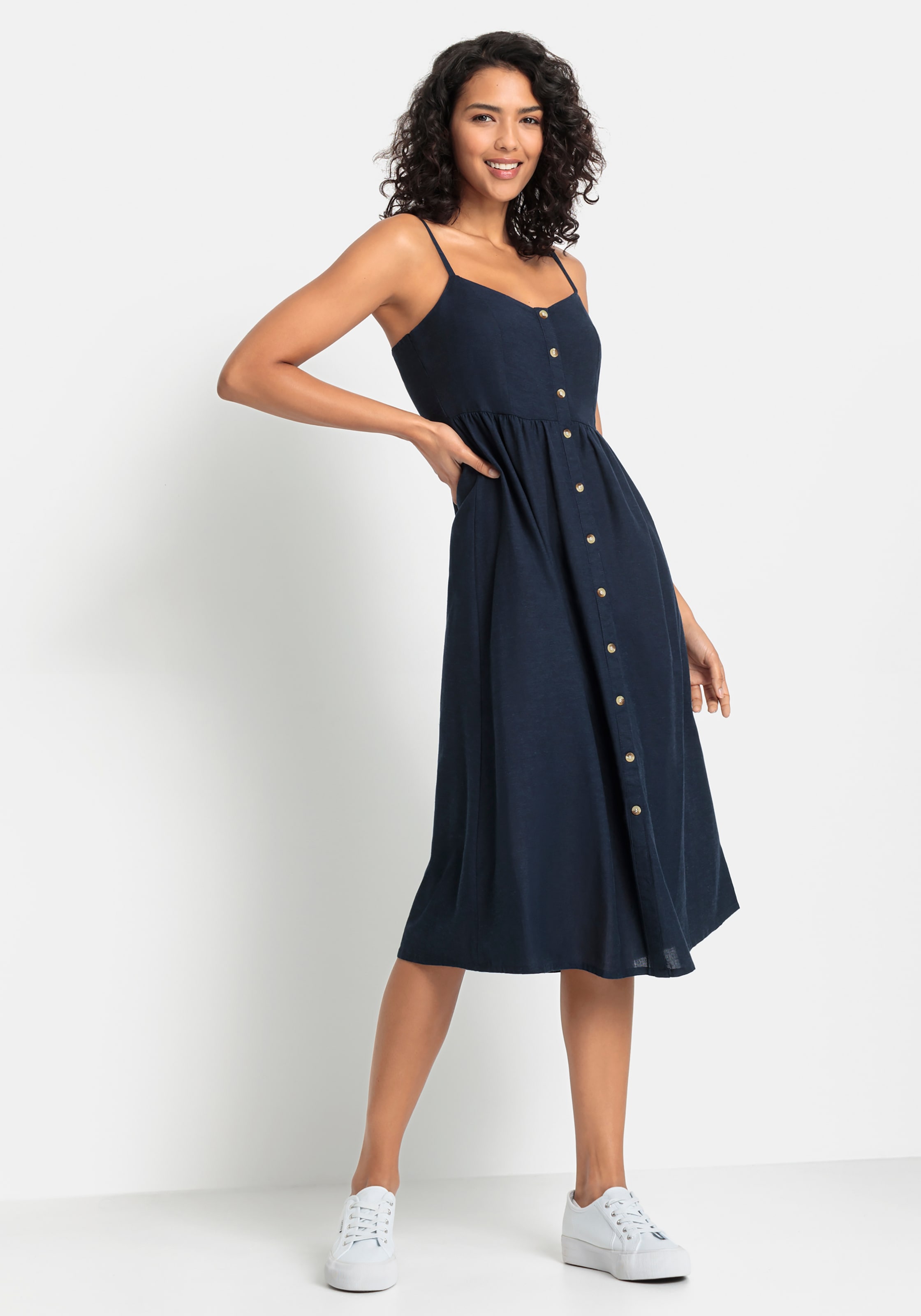 LASCANA Sommerkleid "aus Leinenmix mit Baumwolle" Ohne Taschen elegantes Midikleid, Strandkleid, Spaghettikleid, Leinenkleid