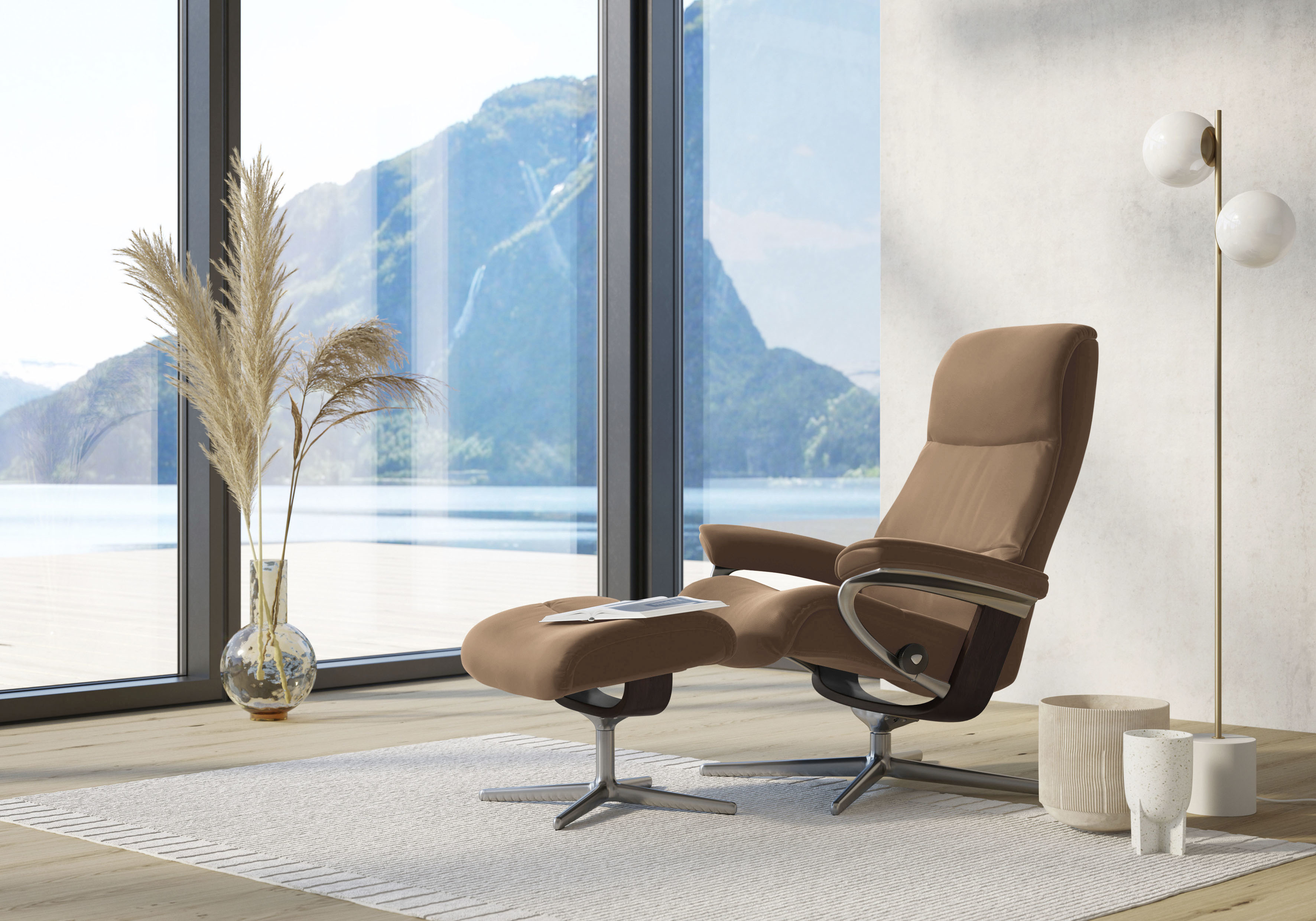 Stressless Relaxsessel "View" Set, Relaxsessel mit Hocker, mit Hocker, mit Cross Base, Größe S, M & L, Holzakzent Braun