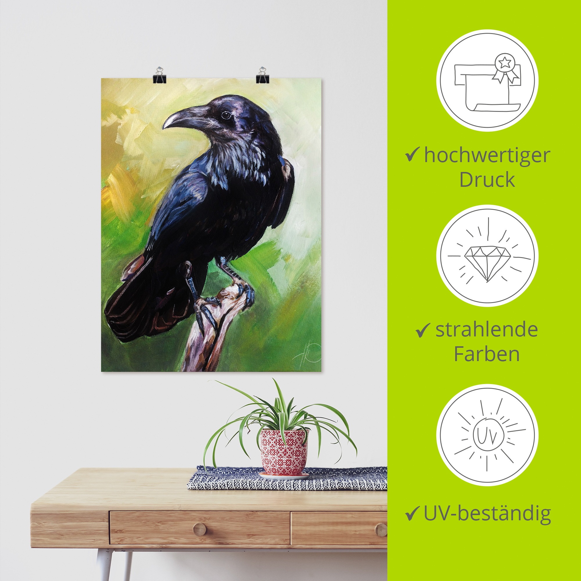 Artland Wandbild »Der Rabe in Grün« Vogelbilder 1 Stk. tlg. als Alubild, Leinwandbild, Poster, Wandaufkleber in verschied. Größen
