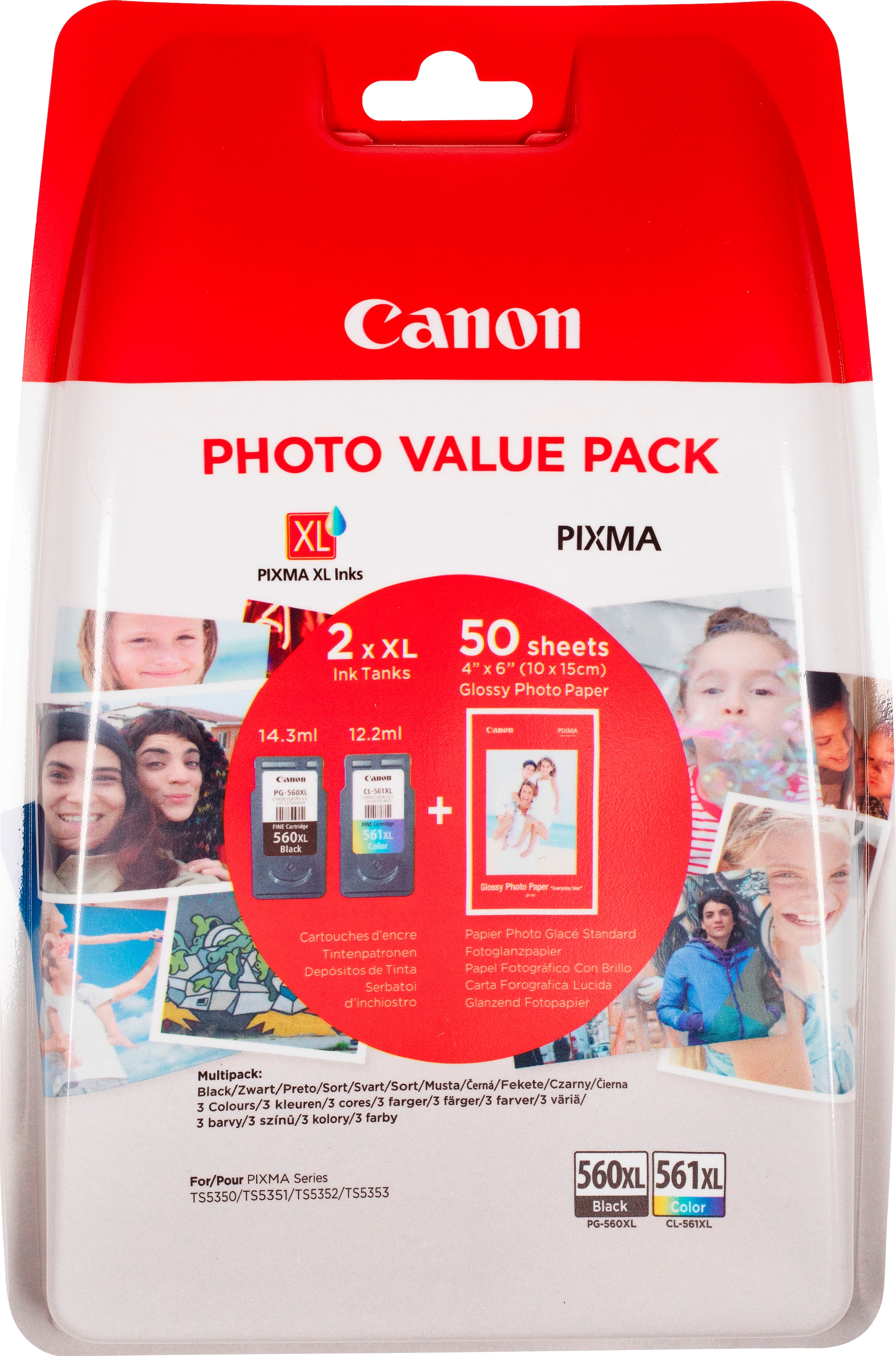 Canon Tintenpatrone »PG-560XL Schwarz und CL-561XL Farbe + Fotopapier Vorteilspack«, (Packung)