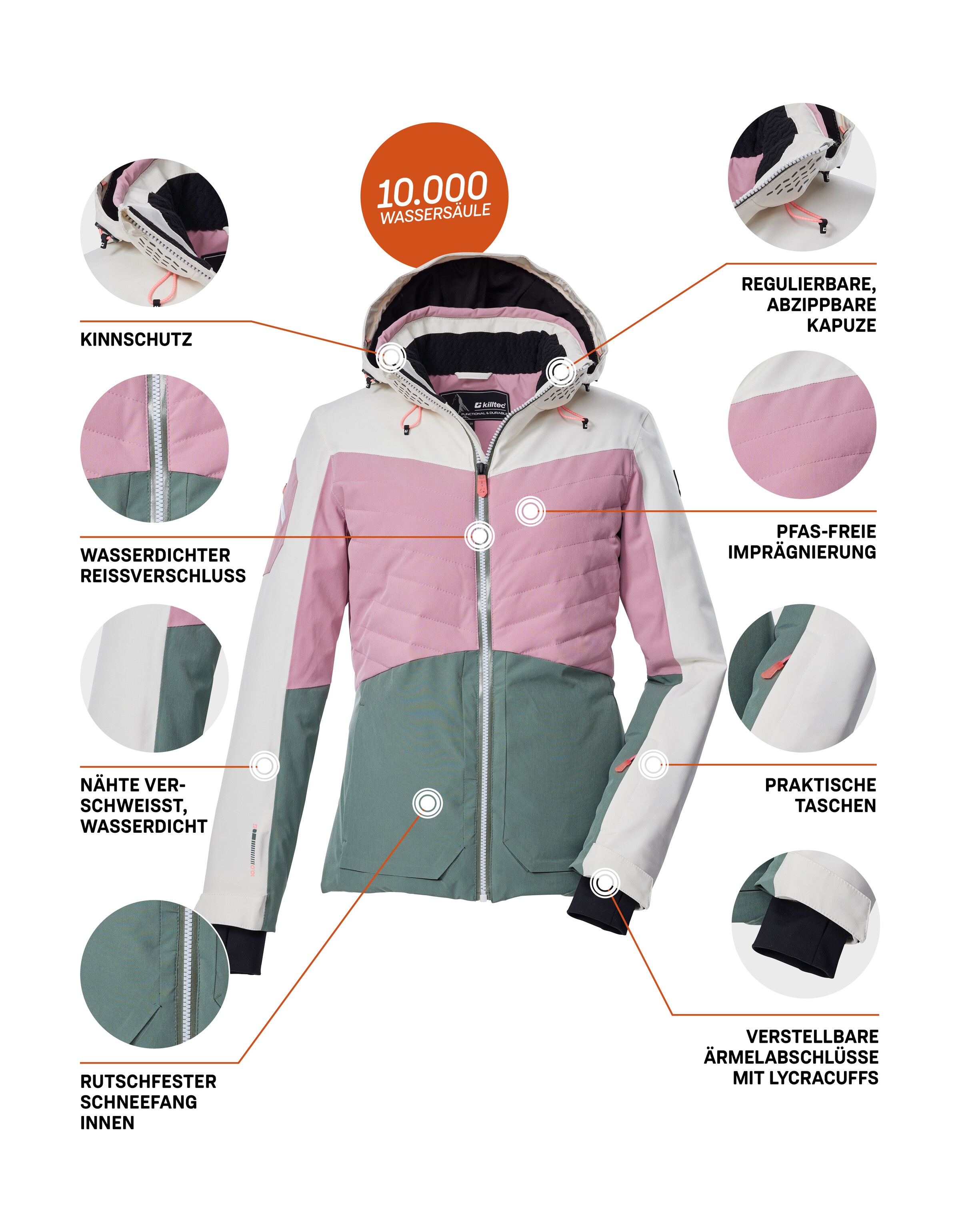 Killtec Skijacke »KSW 30 WMN SKI JCKT« Damen Skijacke: wasserdicht, atmungsaktiv, Colourblock-Design