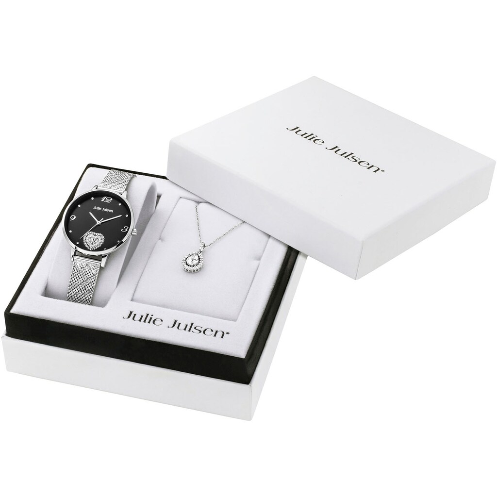 Julie Julsen Quarzuhr »Julie Julsen Heart Drop Silver Set, JJW2105SME-SET«, (Set, 2 tlg., mit dazu passender Kette), Herz, Glitzer